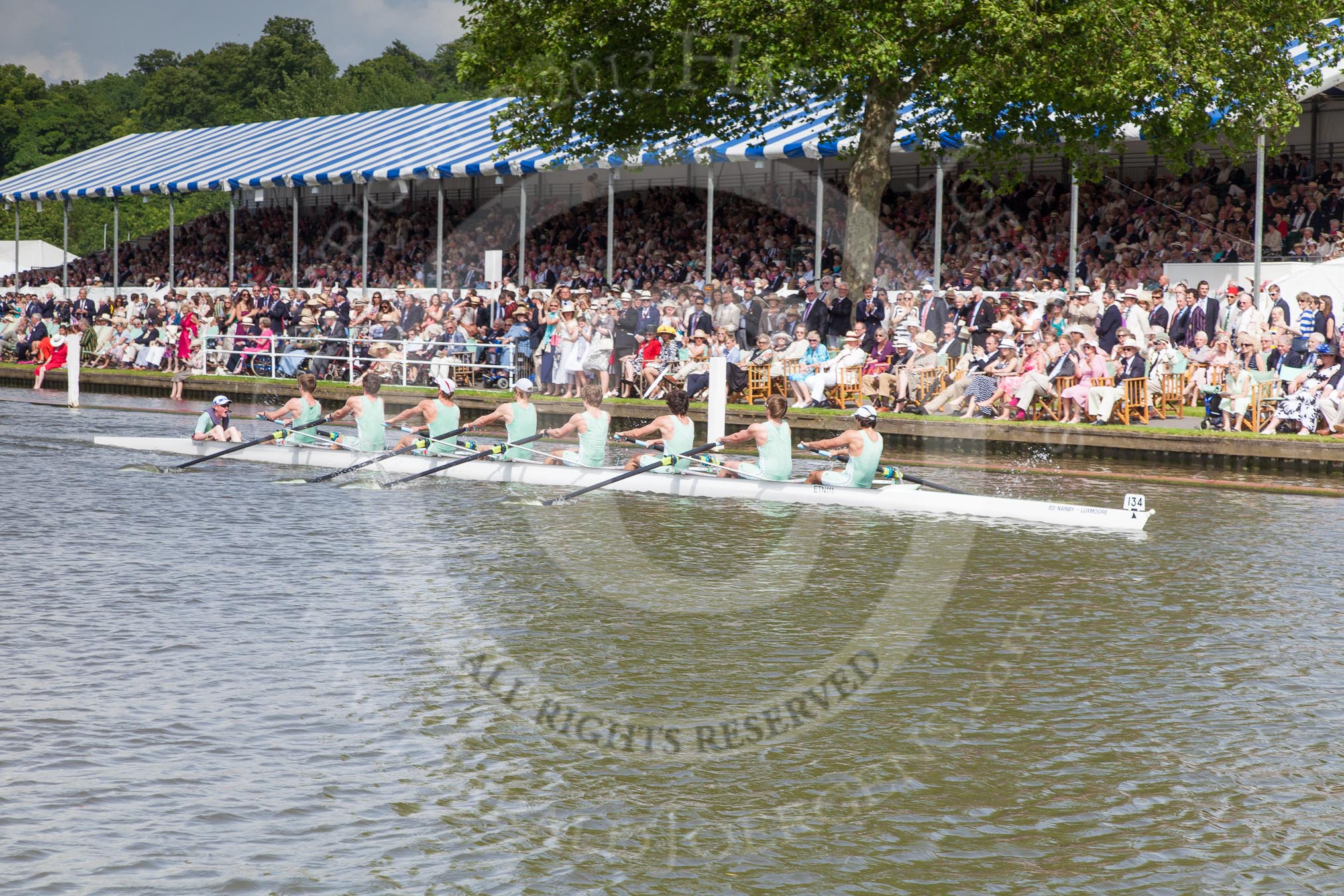 Henley Royal Regatta 2012 (Thursday): Race 52, Princess Elizabeth Challenge Cup:  Bedford School (125, Bucks) v Eton College (134, Berks).
River Thames beteen Henley-on-Thames and Remenham/Temple Island ,
Henley-on-Thames,
Oxfordshire,
United Kingdom,
on 28 June 2012 at 15:41, image #377