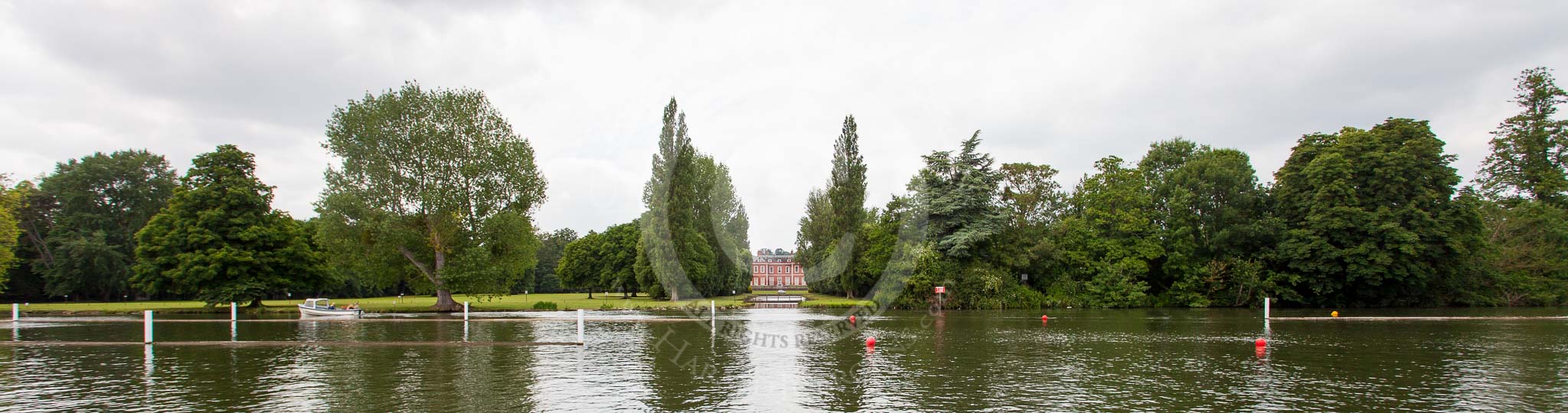Henley Royal Regatta 2013 (Monday): Fawley Court, around the 1/2-mile marker on the Oxfordshire side of the Thames, designed by Christopher Wren, and landscaping by Capability Brown..
River Thames between Henley and Temple Island,
Henley-on-Thames,
Berkshire,
United Kingdom,
on 01 July 2013 at 14:49, image #21