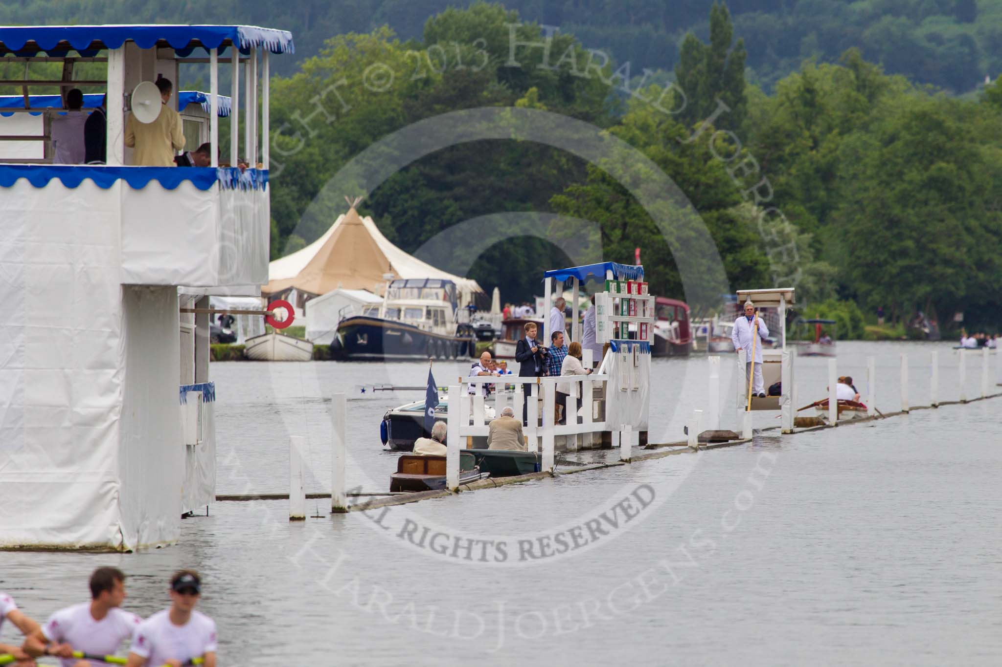 Henley Royal Regatta 2013 (Wednesday): In the middle of the river close to the finish line of the Henley Royal Regatta - on the left the Judges' Box, then the photo box next to the progress board..
River Thames between Henley and Temple Island,
Henley-on-Thames,
Berkshire,
United Kingdom,
on 03 July 2013 at 09:35, image #11