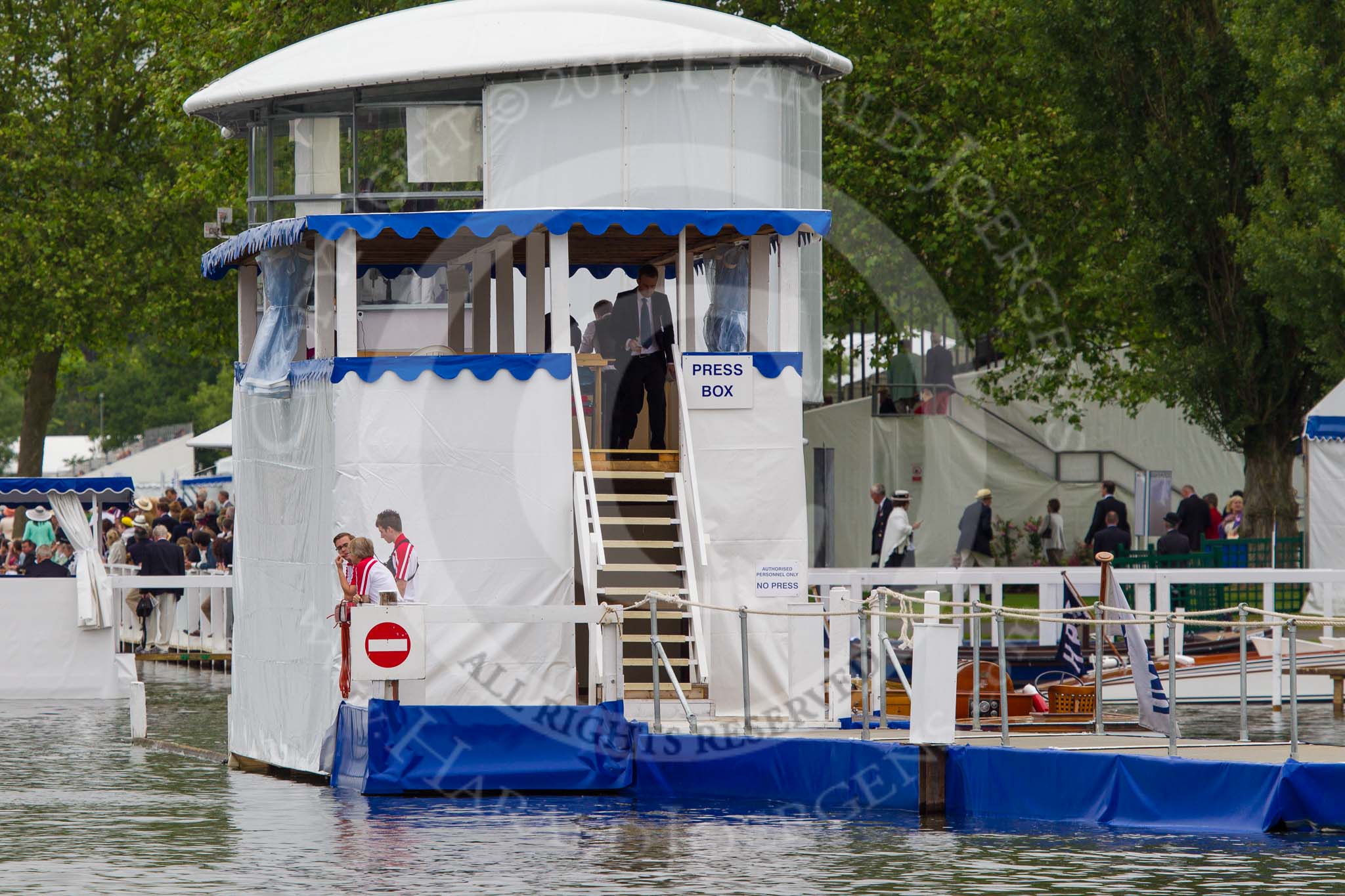 Henley Royal Regatta 2013 (Wednesday): The Press Box of the Henley Royal Regatta, behind the Stewards' Enclosure..
River Thames between Henley and Temple Island,
Henley-on-Thames,
Berkshire,
United Kingdom,
on 03 July 2013 at 09:36, image #12