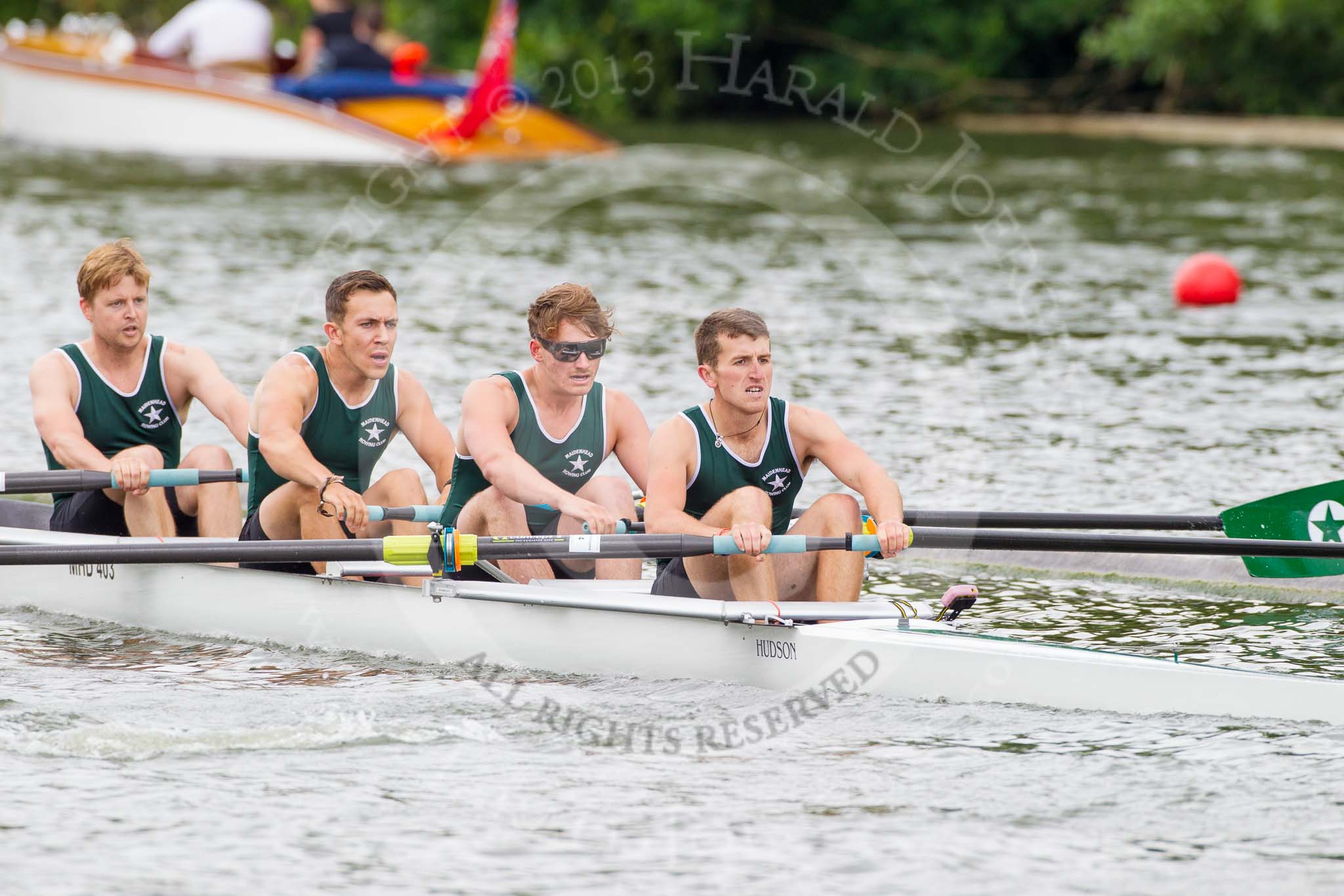 Henley Royal Regatta 2013, Thursday.
River Thames between Henley and Temple Island,
Henley-on-Thames,
Berkshire,
United Kingdom,
on 04 July 2013 at 11:17, image #174