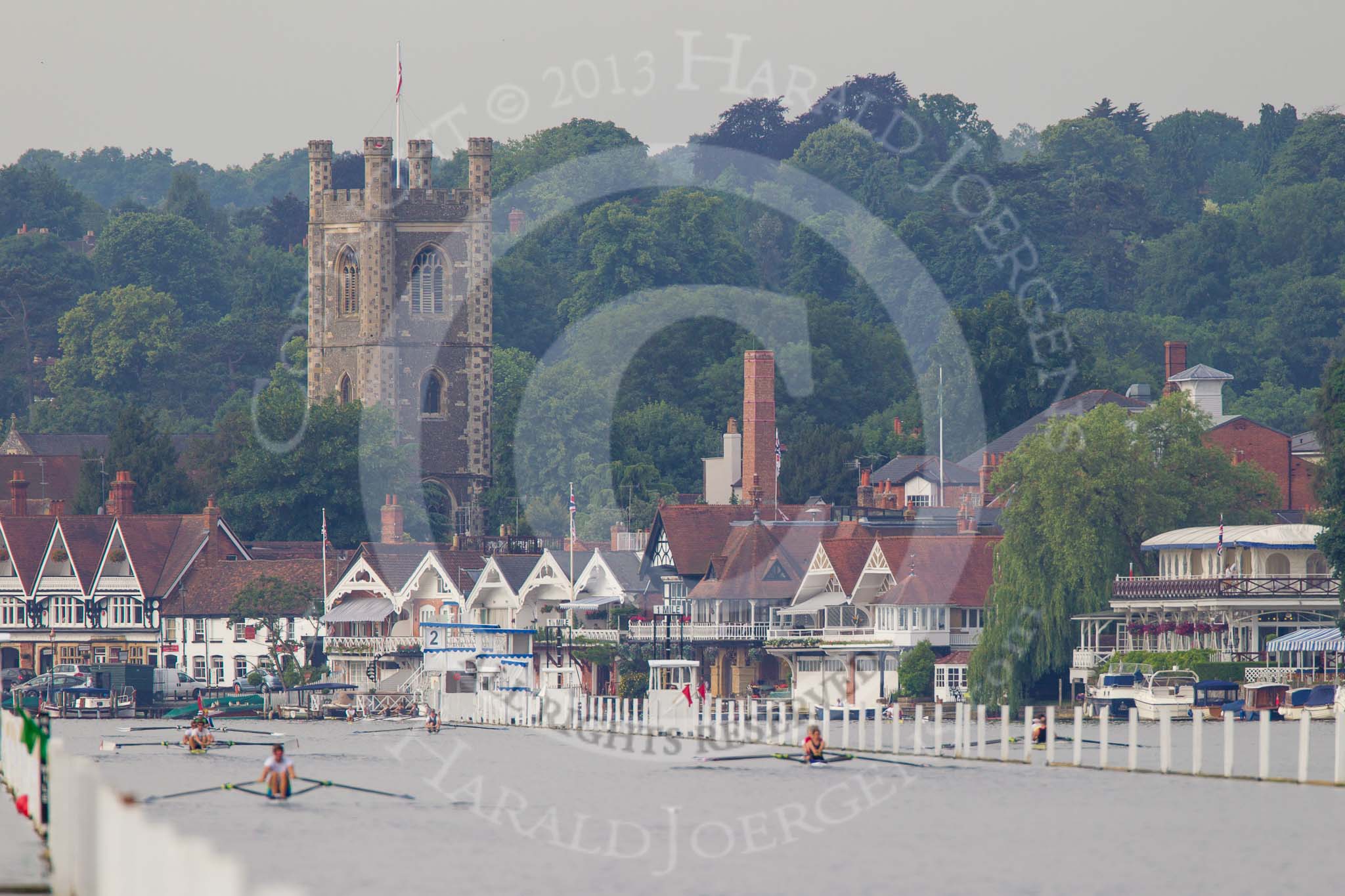 Henley Royal Regatta 2013, Saturday: Henley-on-Thames, with the church of St Mary, seen from .the start of the Henley Royal Regatta race course. Image #3, 06 July 2013 08:36 River Thames, Henley on Thames, UK
