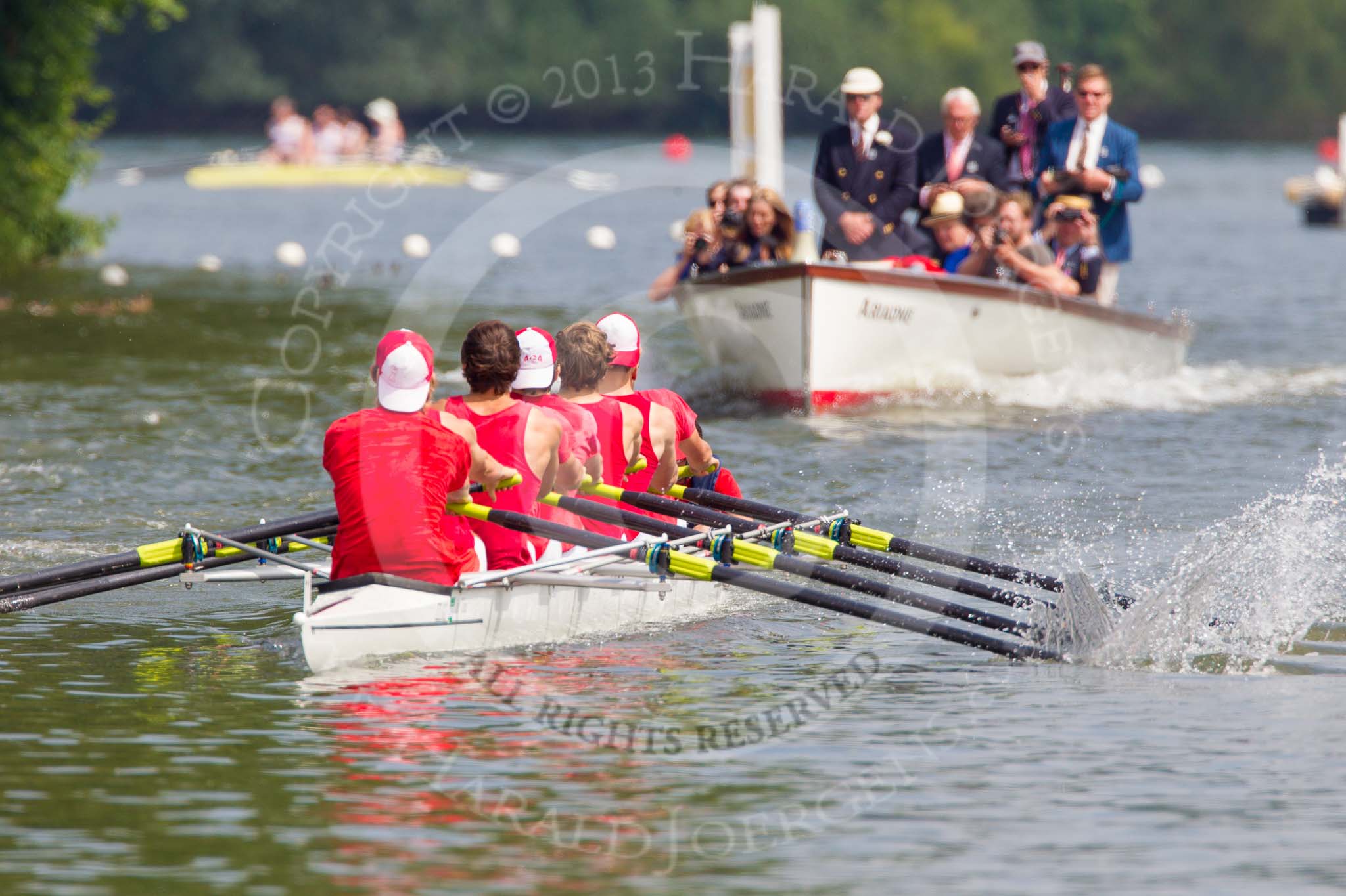 Henley Royal Regatta 2013, Saturday: Race No. 12 for the Temple Challenge Cup, St. Petersburg University, Russia (orage), v Delftsche Studenten Roeivereeninging Laga, Holland (red). Image #246, 06 July 2013 11:51 River Thames, Henley on Thames, UK