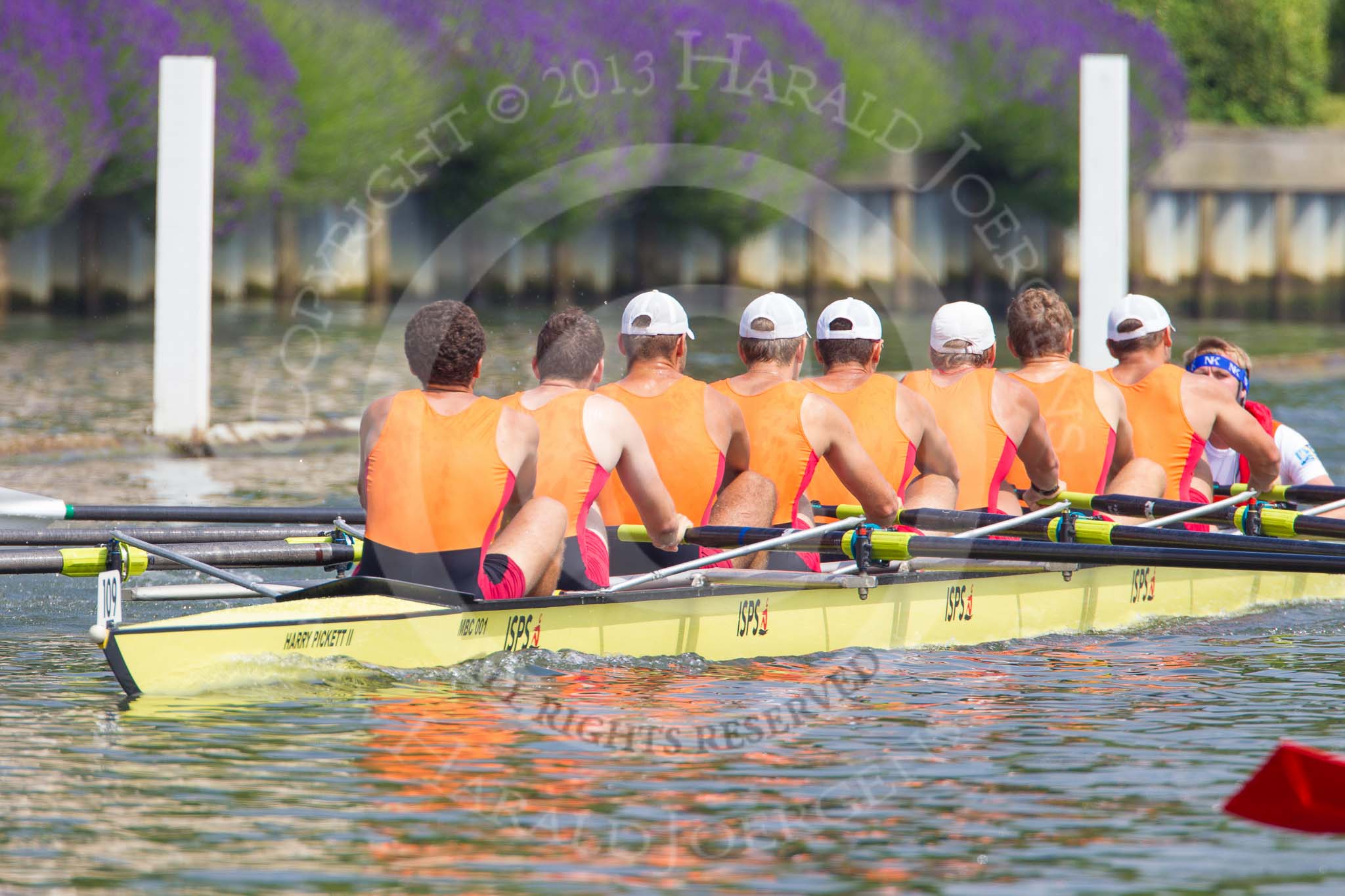 Henley Royal Regatta 2013, Saturday: Race No. 12 for the Temple Challenge Cup, St. Petersburg University, Russia (orage), v Delftsche Studenten Roeivereeninging Laga, Holland (red). Image #248, 06 July 2013 11:51 River Thames, Henley on Thames, UK