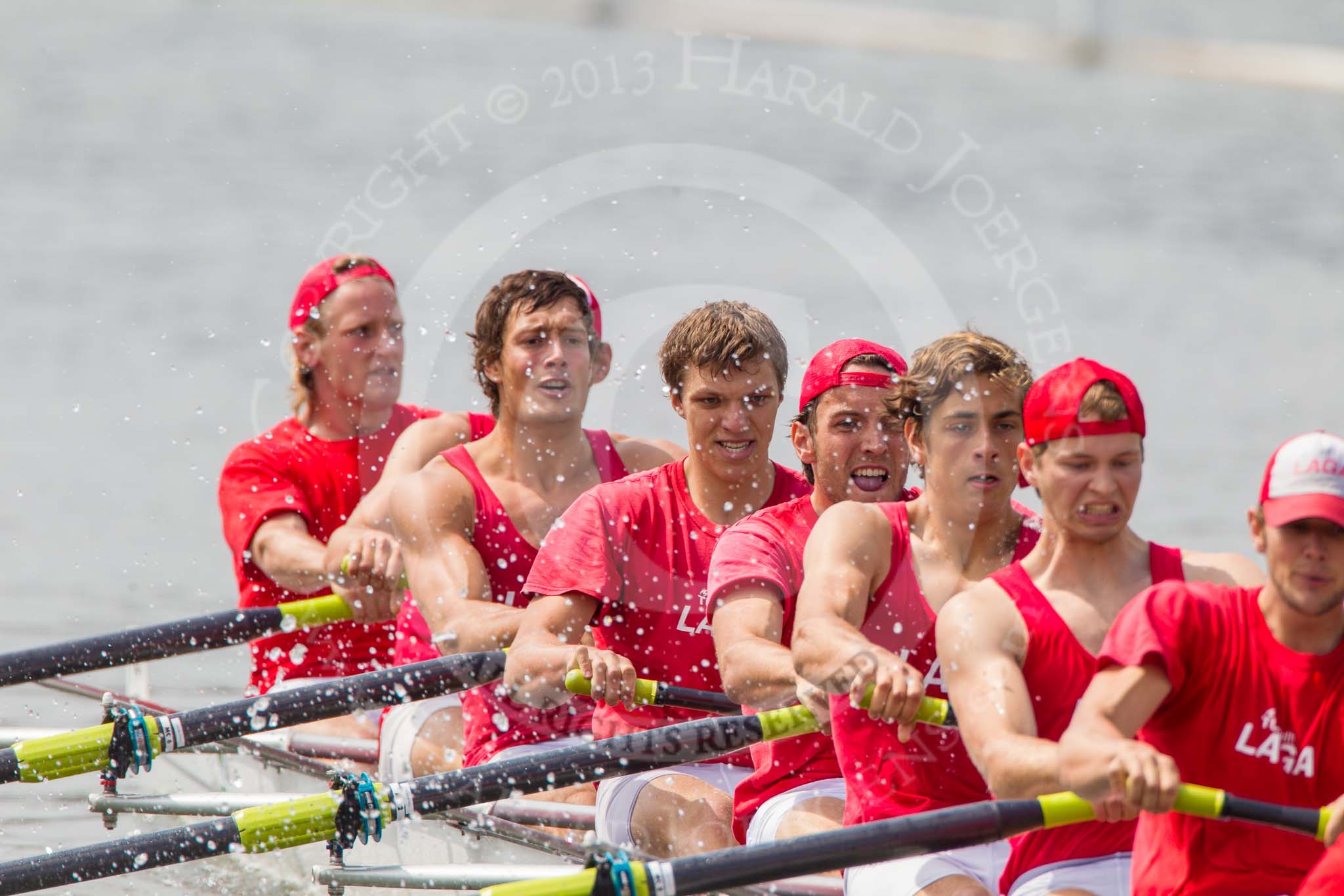 Henley Royal Regatta 2013, Saturday: Race No. 12 for the Temple Challenge Cup, St. Petersburg University, Russia (orage), v Delftsche Studenten Roeivereeninging Laga, Holland (red). Image #253, 06 July 2013 11:52 River Thames, Henley on Thames, UK