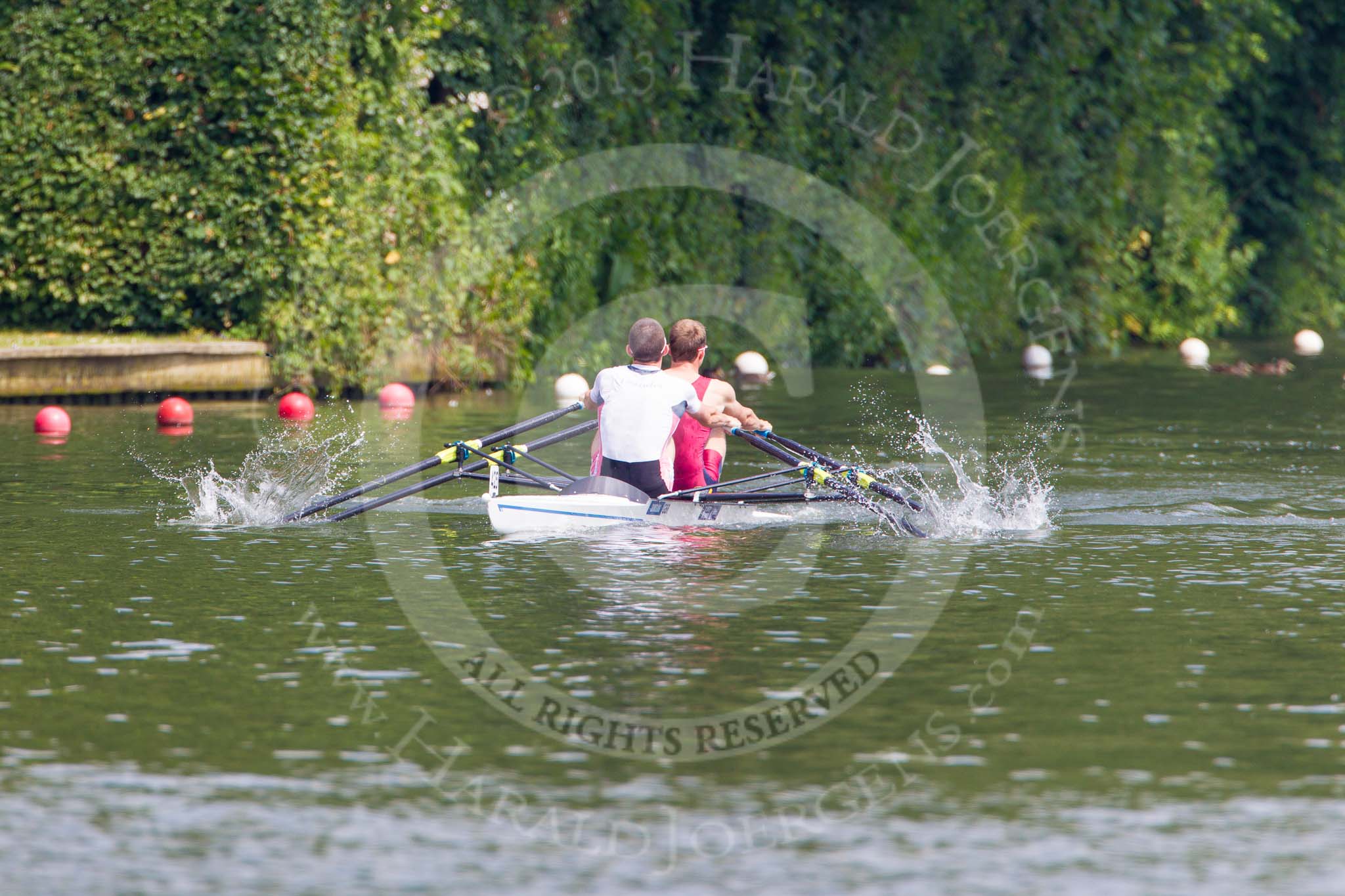 Henley Royal Regatta 2013, Saturday: Race No. 13 for the Double Sculls Challenge Cup, Oxford Brookes University and Leander Club (white boat) v London Rowing Club and Leander Club (yellow boat). Image #257, 06 July 2013 12:02 River Thames, Henley on Thames, UK