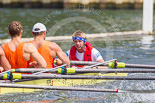 Henley Royal Regatta 2013, Saturday: Race No. 12 for the Temple Challenge Cup, St. Petersburg University, Russia (orage), v Delftsche Studenten Roeivereeninging Laga, Holland (red), here St. Petersburg cox A. Barkarov. Image #250, 06 July 2013 11:51 River Thames, Henley on Thames, UK