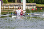 Henley Royal Regatta 2013, Saturday: Race No. 13 for the Double Sculls Challenge Cup, Oxford Brookes University and Leander Club (white boat) v London Rowing Club and Leander Club (yellow boat). Image #261, 06 July 2013 12:02 River Thames, Henley on Thames, UK