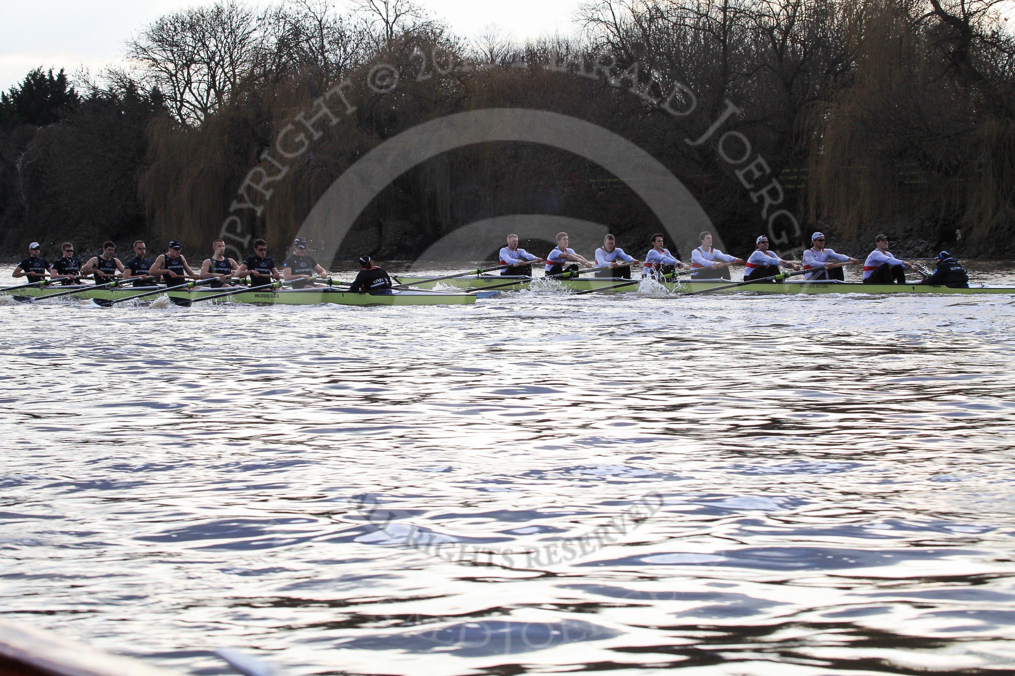 The Boat Race season 2012 - fixture OUBC vs German U23: Close to the finish of the second race - the Oxford Blue Boat in the lead against the German U23 boat..
River Thames between Putney and Mortlake,
London,

United Kingdom,
on 26 February 2012 at 15:50, image #98