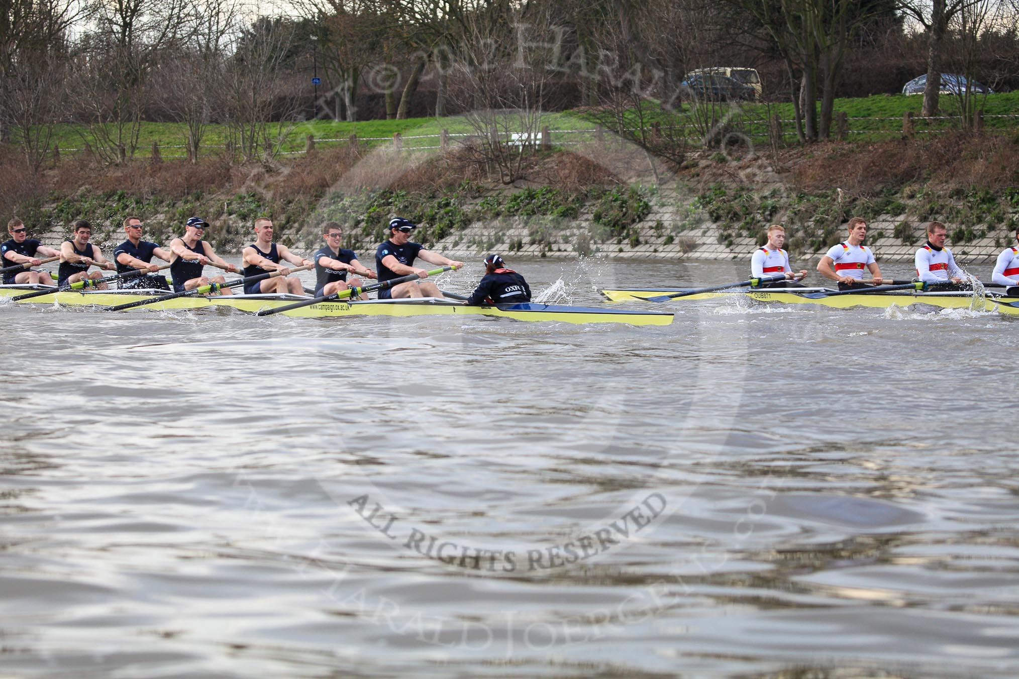 The Boat Race season 2012 - fixture OUBC vs German U23: After winning the second race - the Oxford Blue Boat in front, the German U23 boat behind, at Mortlake..
River Thames between Putney and Mortlake,
London,

United Kingdom,
on 26 February 2012 at 15:52, image #104