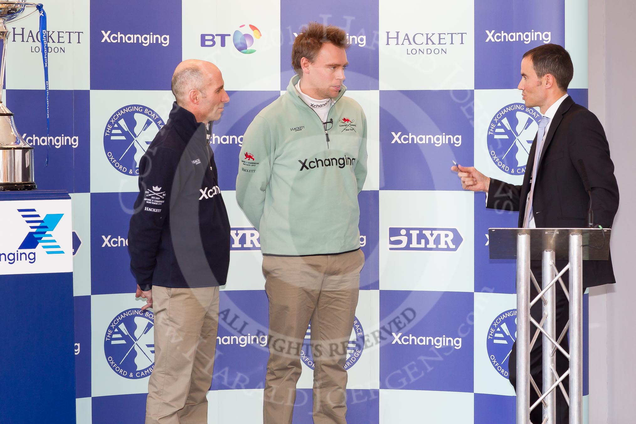 The Boat Race season 2012 - Crew Announcement and Weigh In: The coaches of both squads, Sean Bowden (OUBC) and Steve Trapmore (CUBC) being interviewed by Andrew Cotter..
Forman's Fish Island,
London E3,

United Kingdom,
on 05 March 2012 at 10:23, image #41