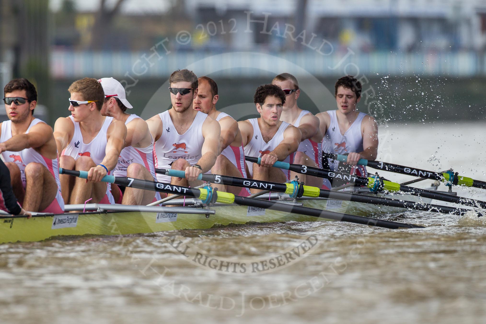 The Boat Race season 2012 - fixture CUBC vs Leander: The Leander Club Eight preparing for the start of the race at Putney Bridge. Stroke Vasillis Ragoussis, Cameron MacRitchie, Sean Dixon, Tom Clark, John Clay, Will Gray, Sam Whittaker, and bow Oliver Holt..
River Thames between Putney and Molesey,
London,
Greater London,
United Kingdom,
on 10 March 2012 at 14:11, image #90