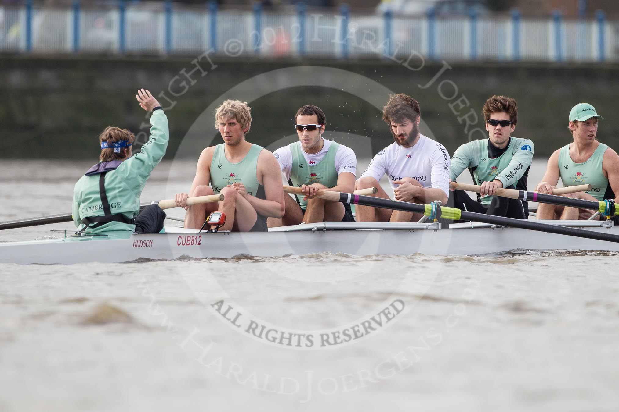 The Boat Race season 2012 - fixture CUBC vs Leander: The CUBC Blue Boat getting ready for the start of the race: Cox Ed Bosson, Stroke Niles Garratt, Alex Ross, Steve Dudek, Alexander Scharp, and Jack Lindeman..
River Thames between Putney and Molesey,
London,
Greater London,
United Kingdom,
on 10 March 2012 at 14:12, image #93