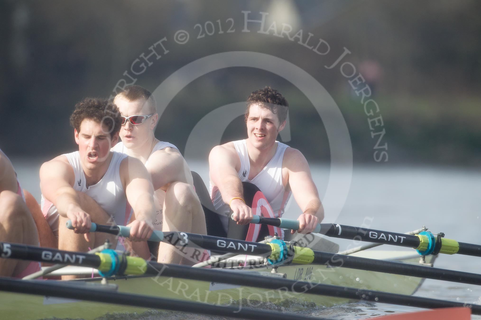 The Boat Race season 2012 - fixture CUBC vs Leander: The Leander Club Eight: Will Gray, Sam Whittaker, and bow Oliver Holt..
River Thames between Putney and Molesey,
London,
Greater London,
United Kingdom,
on 10 March 2012 at 14:15, image #117