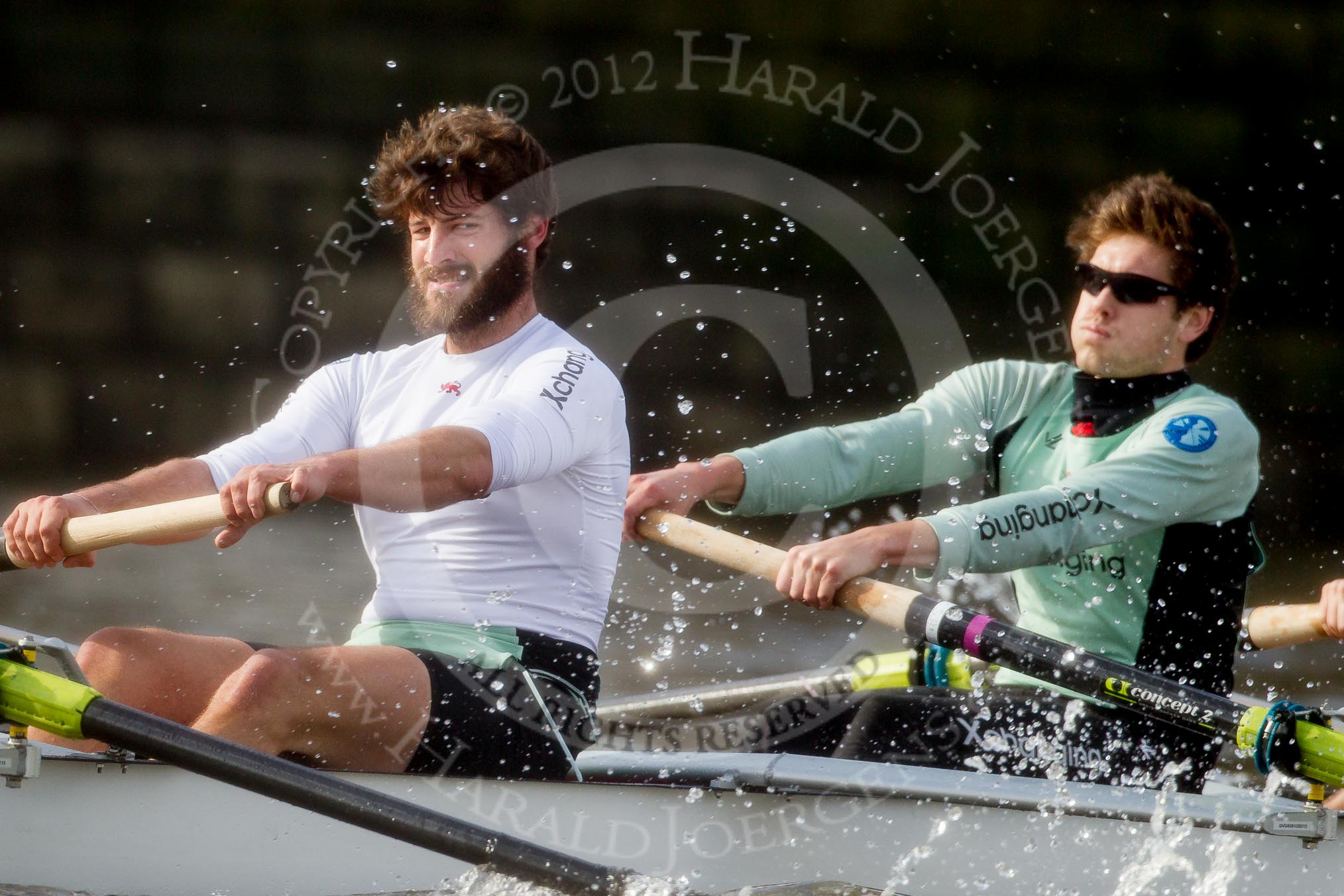 The Boat Race season 2012 - fixture CUBC vs Leander: CUBC Blue Boat: Steve Dudek and Alexander Scharp..
River Thames between Putney and Molesey,
London,
Greater London,
United Kingdom,
on 10 March 2012 at 14:18, image #135