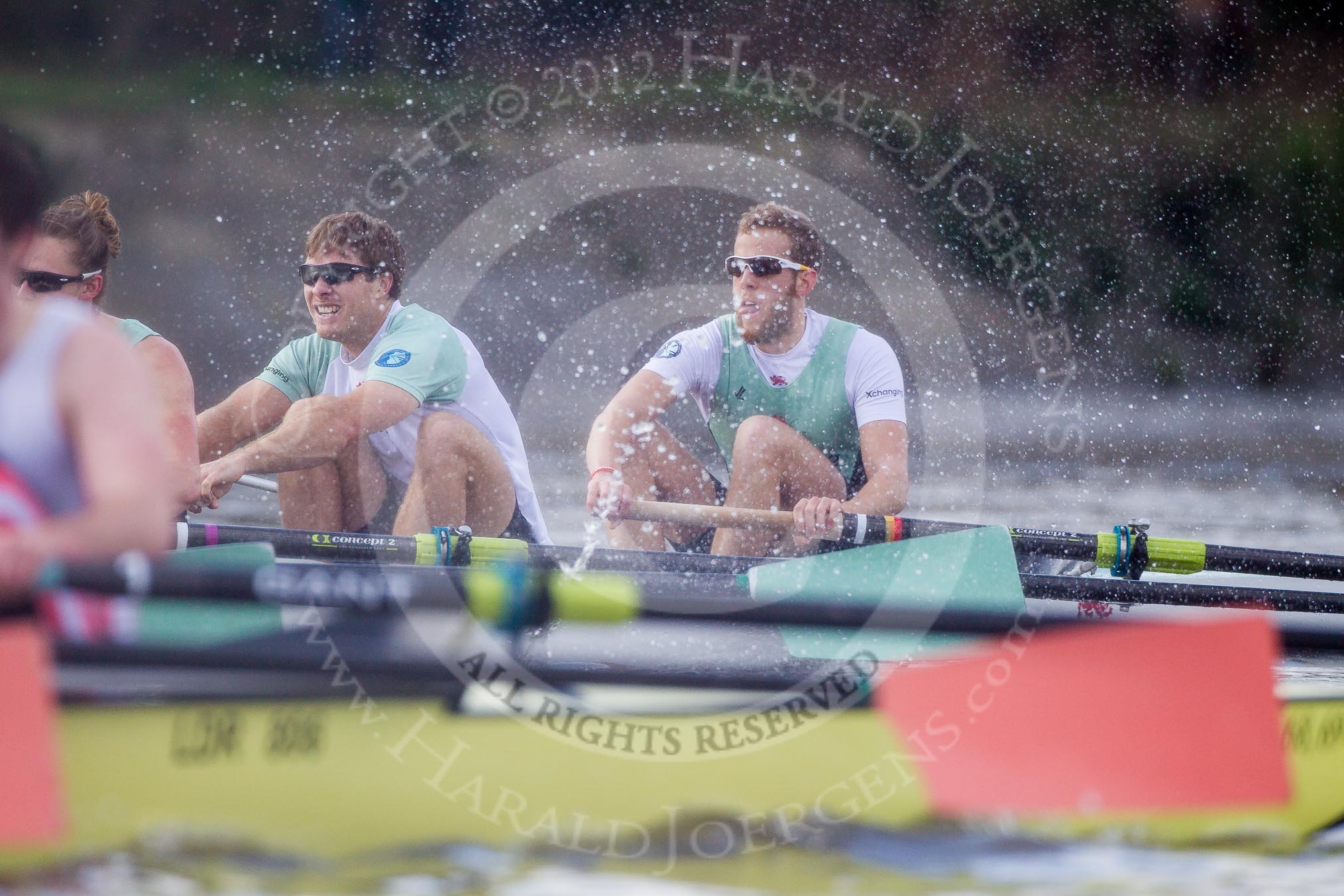 The Boat Race season 2012 - fixture CUBC vs Leander: About to win the CUBC vs Leander fixture: In the CUBC Blue Boat Mike Thorp, David Nelson and bow Moritz Schramm.
River Thames between Putney and Molesey,
London,
Greater London,
United Kingdom,
on 10 March 2012 at 14:18, image #144