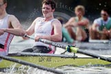 The Boat Race season 2012 - fixture CUBC vs Leander: The Leander Club Eight:  Close-up of bow Oliver Holt, behind, and in the lead, the Cambridge Eight..
River Thames between Putney and Molesey,
London,
Greater London,
United Kingdom,
on 10 March 2012 at 14:19, image #147