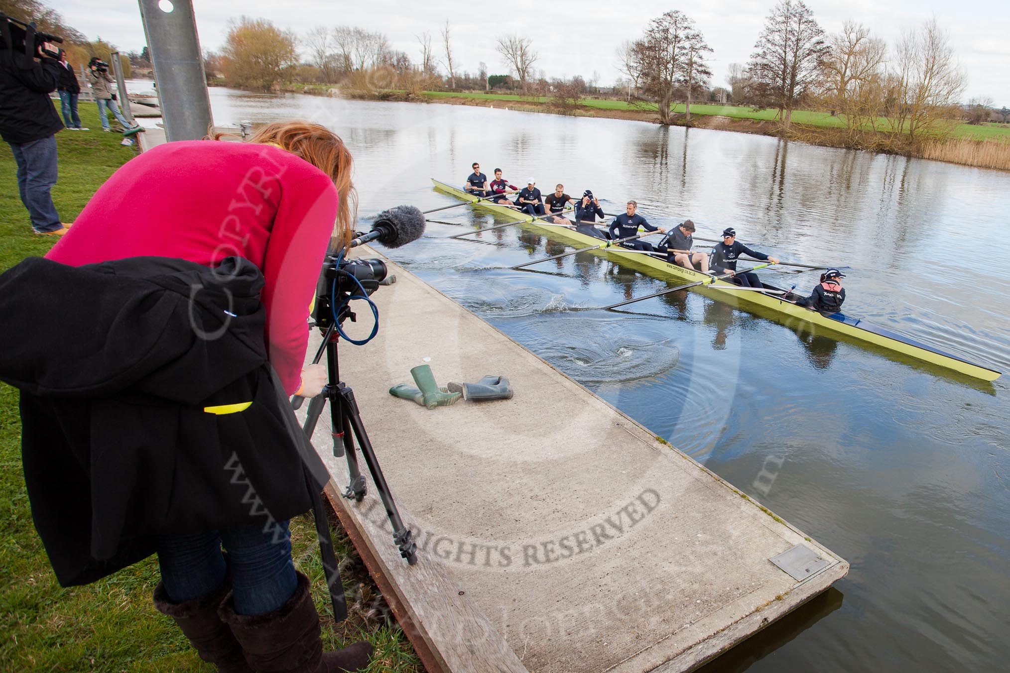 The Boat Race season 2012 - OUBC training: In front producer/director Hannah Madsen of www.AngelSharp.com, working on a fabulous behind-the scenes video about The Boat Race. Behind her Chinese and Brazilian television cameramen, on the river  the OUBC Eight..


Oxfordshire,
United Kingdom,
on 20 March 2012 at 15:01, image #18