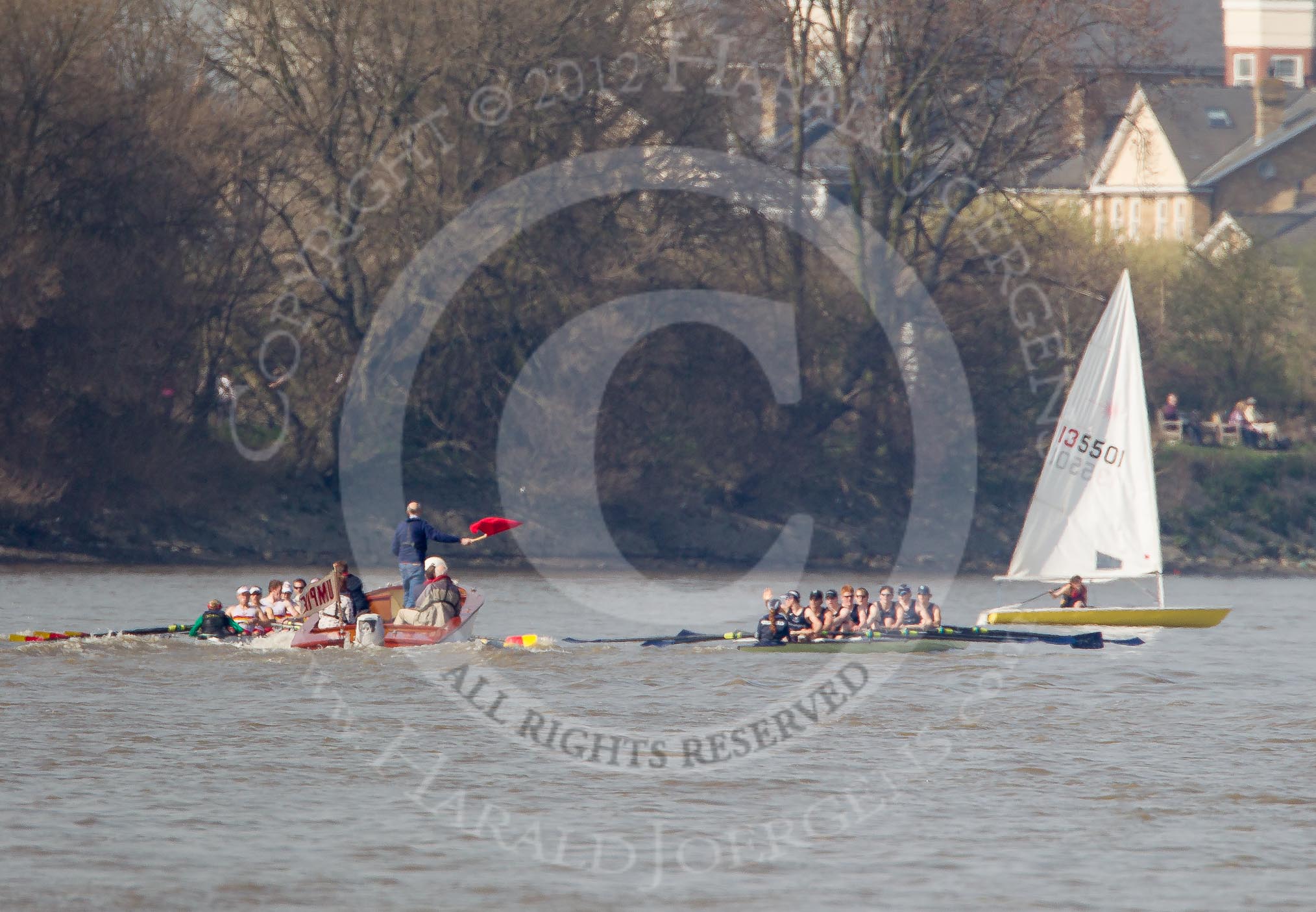 The Boat Race season 2012 - fixture OUBC vs Leander: Umpire Boris Rankov red-flagging the race between the Tideway Scullers, on the left, rand OUBC's Isis team..




on 24 March 2012 at 14:02, image #88