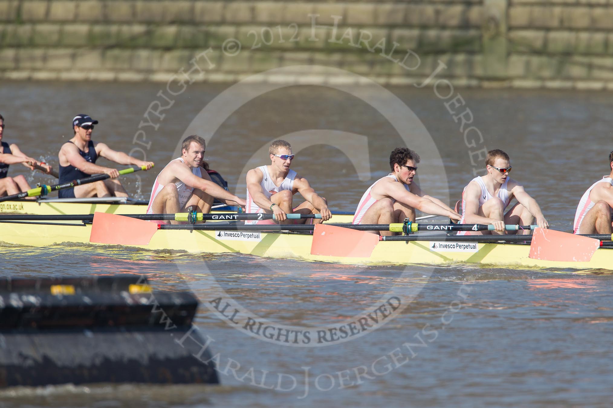 The Boat Race season 2012 - fixture OUBC vs Leander: Behind in the photo but leading the race - OUBC's Blue Boat, Dan Harvey, stroke Roel Haen, cox Zoe de Toledo, in front Leander with bow Nathan Hillyer, Chris Friend, Will Gray, Sam Whittaker, and Tom Clark..




on 24 March 2012 at 14:29, image #117