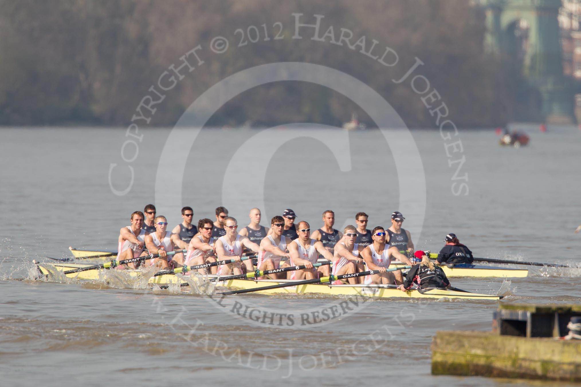 The Boat Race season 2012 - fixture OUBC vs Leander: OUBC Blue Boat in the lead - 2 William Zeng, 3 Kevin Baum, 4 Alexander Davidson, 5 Karl Hudspith, 6 Dr. Hanno Wienhausen, 7 Dan Harvey, stroke Roel Haen, cox Zoe de Toledo, in the Leander boat bow Nathan Hillyer, Chris Friend, Will Gray, Sam Whittaker, Tom Clark, John Clay, Cameron MacRitchie, stroke Vasillis Ragoussis, and cox Katie Klavenes..




on 24 March 2012 at 14:30, image #124