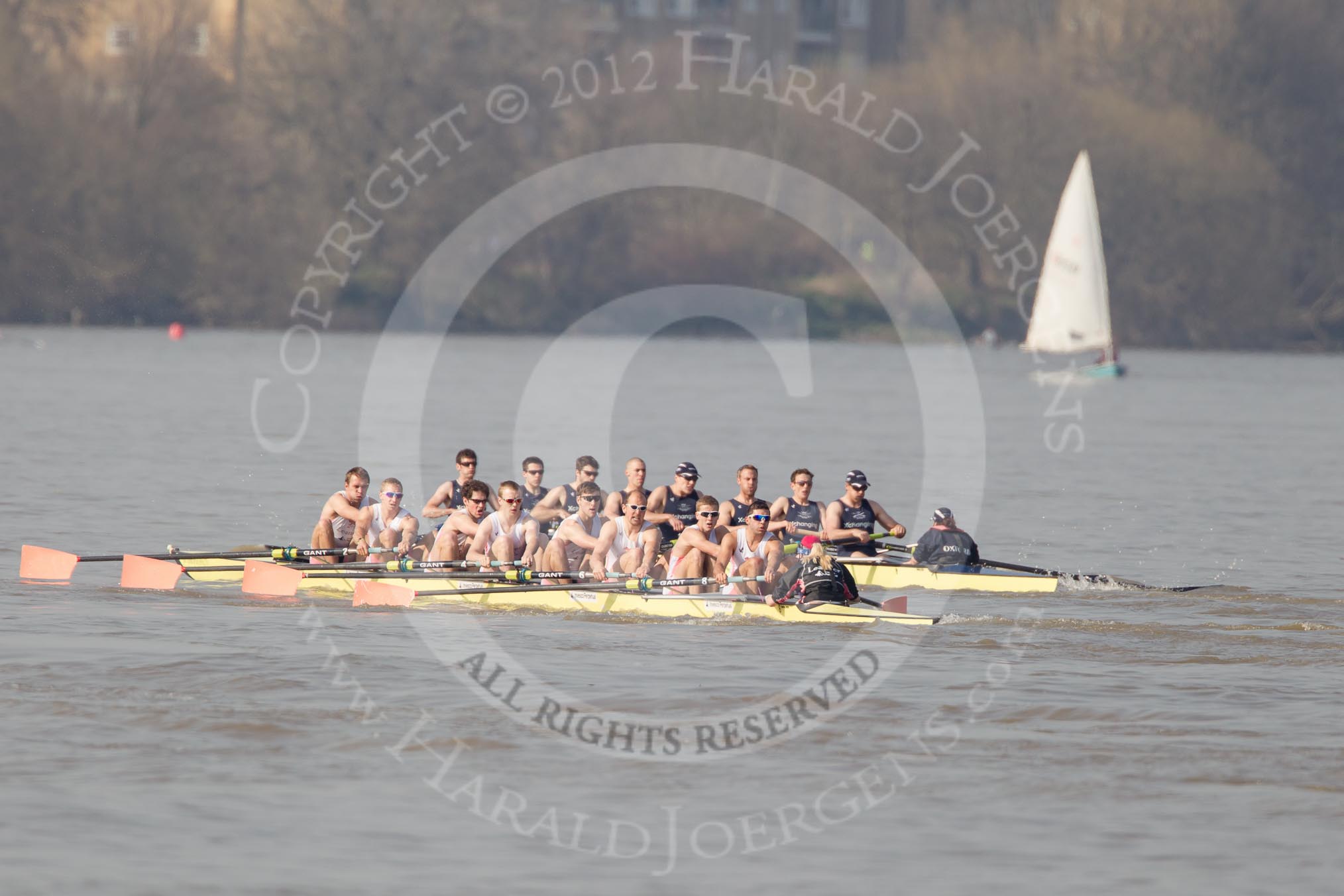 The Boat Race season 2012 - fixture OUBC vs Leander: OUBC Blue Boat in the lead - 2 William Zeng, 3 Kevin Baum, 4 Alexander Davidson, 5 Karl Hudspith, 6 Dr. Hanno Wienhausen, 7 Dan Harvey, stroke Roel Haen, cox Zoe de Toledo, in the Leander boat bow Nathan Hillyer, Chris Friend, Will Gray, Sam Whittaker, Tom Clark, John Clay, Cameron MacRitchie, stroke Vasillis Ragoussis, and cox Katie Klavenes..




on 24 March 2012 at 14:30, image #126