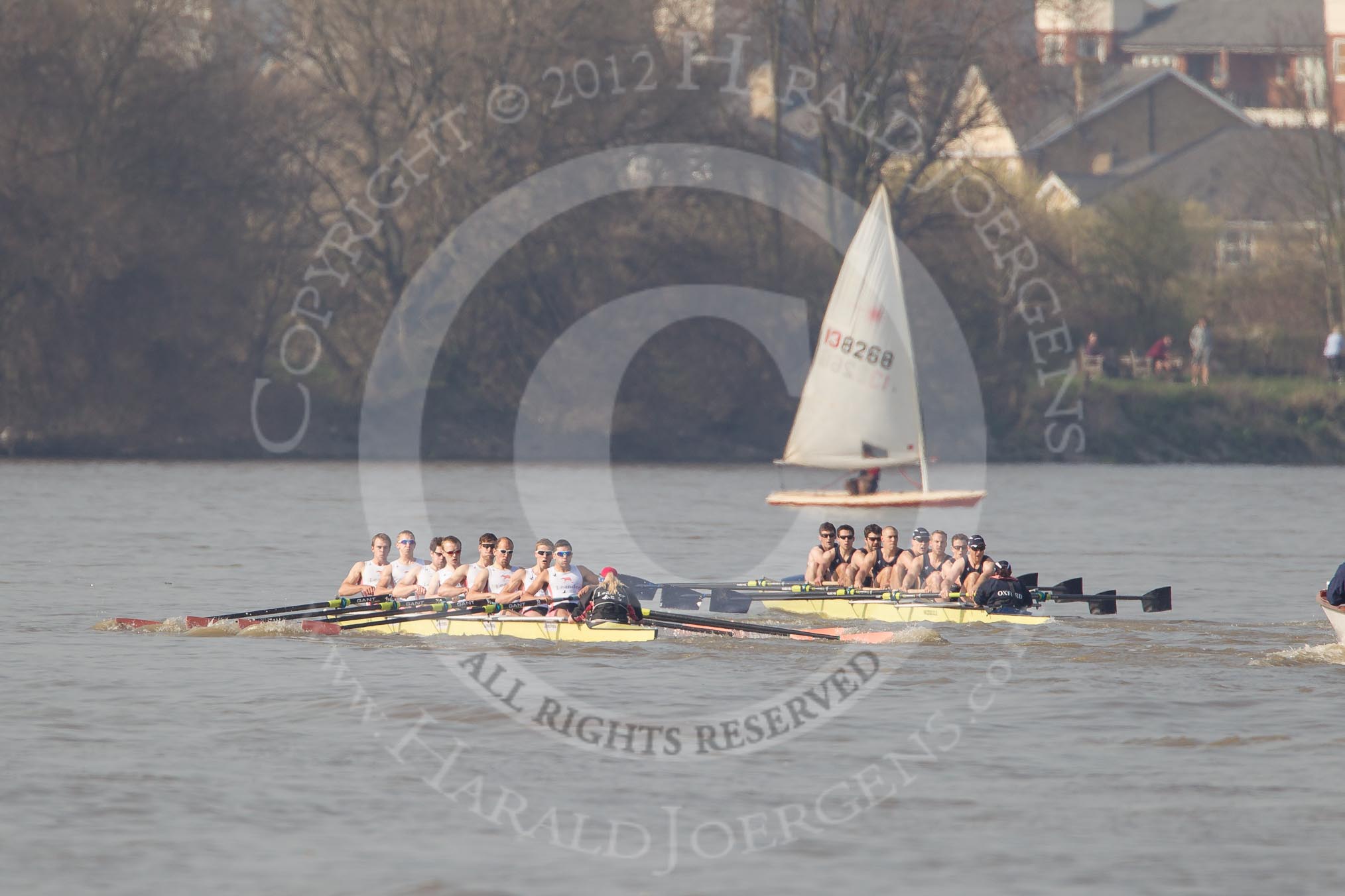 The Boat Race season 2012 - fixture OUBC vs Leander: The Leander Club Eight, on the left, racing the OUBC Blue Boat, approaching the Mile Post..




on 24 March 2012 at 14:30, image #129