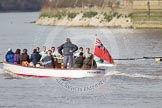 The Boat Race season 2012 - fixture CUBC vs Molesey BC: The CUBC Blue Boat nearly hidden behind a launch of officials. On the very right the bow of the Molesey BC boat they are racing..




on 25 March 2012 at 15:19, image #130