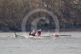 The Boat Race season 2012 - fixture CUBC vs Molesey BC: The CUBC Blue Boat on the left, the Molesey BC Eight on the right, behind them umpire Boris Rankov..




on 25 March 2012 at 15:20, image #138