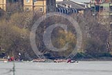 The Boat Race season 2012 - fixture CUBC vs Molesey BC: The CUBC Blue Boat on the left, the Molesey BC Eight on the right, behind them umpire Boris Rankov. The boats are approaching the Harrods Repository..




on 25 March 2012 at 15:22, image #147