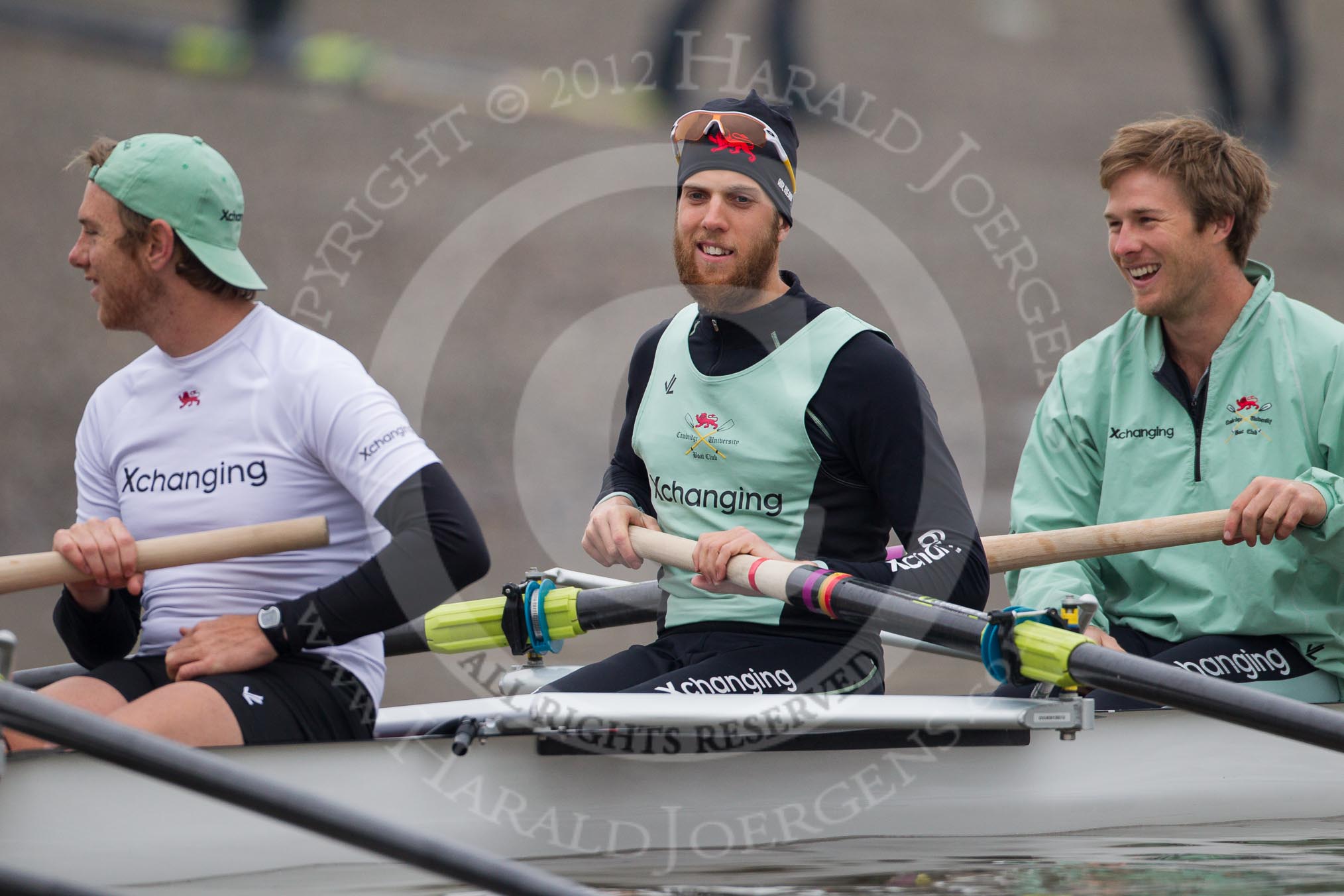 Jack Lindeman, Moritz Schramm, and bow David Nelson in the Cambridge University Boat Club Blue Boat, two days before the 2012 Boat Race.