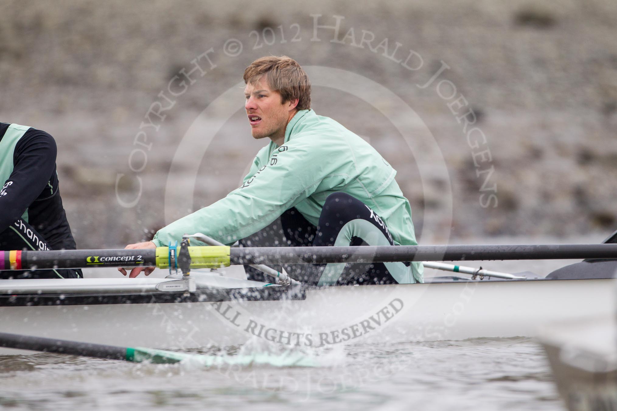 Cambridge University Boat Club bowman David Nelson during an outing on the River Thames, two days before the 2012 Boat Race.
