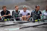 Cambridge University Boat Club Blue Boat during an outing on the River Thames, two days before the 2012 Boat Race. Bow man David Nelson, Moritz Schramm, Jack Lindeman, Alex Ross, and Steve Dudek.