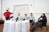 The BT Press Centre at the Thames Rowing Club in Putney two days before the 2012 Boat Race. In the press conference Cambridge chief coach Steve Trapmore, cox Ed Bosson, and CUBC president David Nelson.