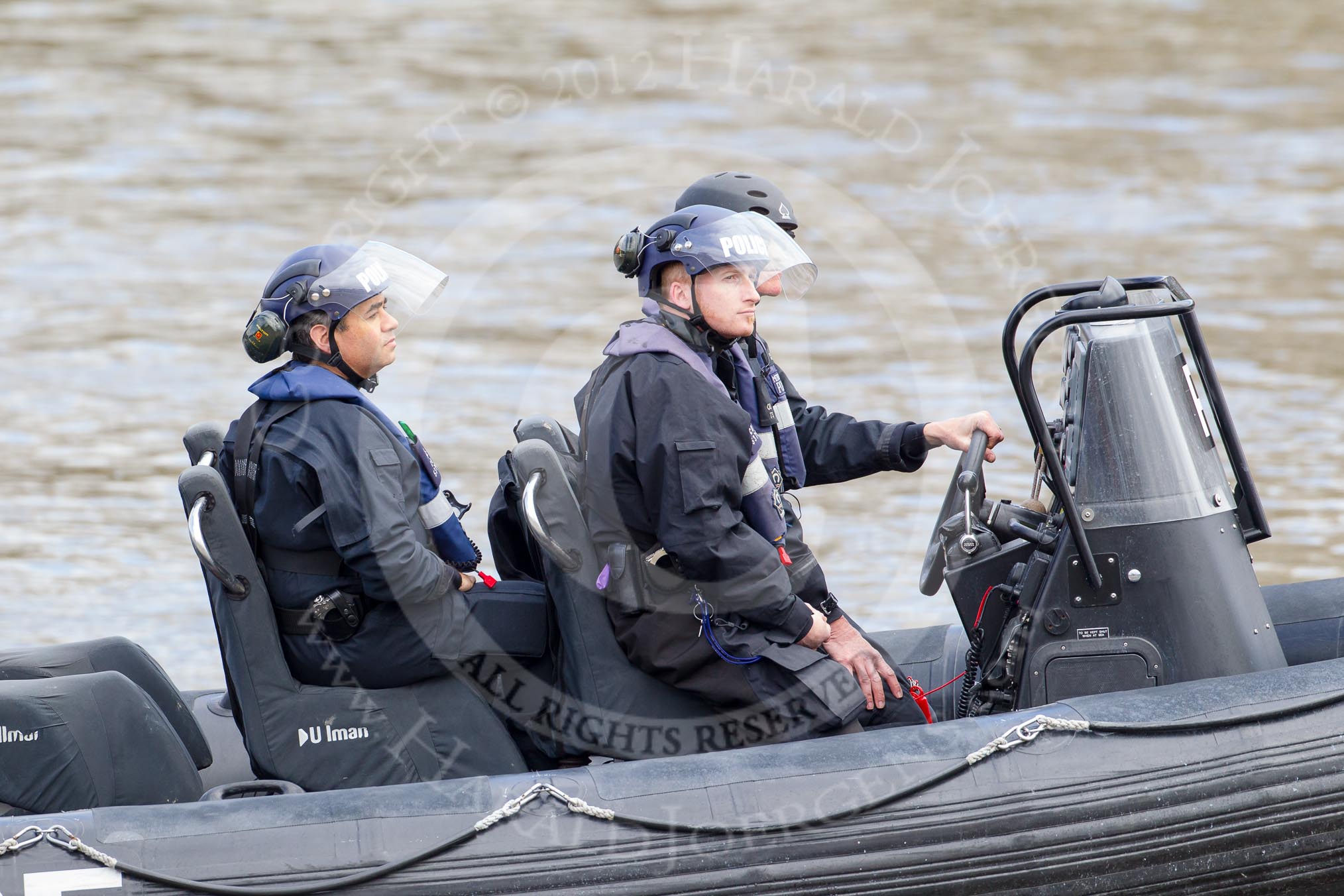 The Boat Race 2012: Setting the scene for the 2012 Boat Race: Officers of the London Metropolitan Police Marine Policing Unit (MPU) patrolling the Thames..




on 07 April 2012 at 12:40, image #56
