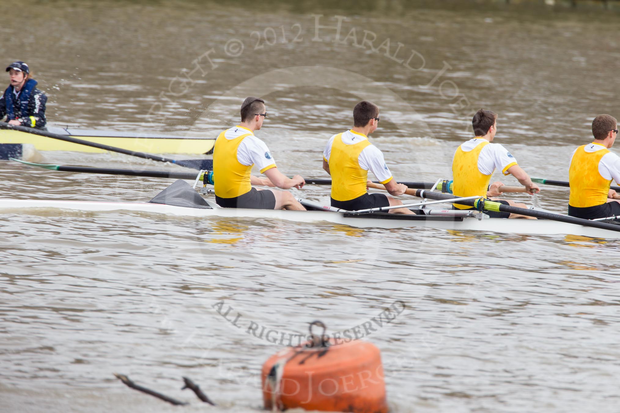 The Boat Race 2012: The Cambridge reserve boat Goldie in the Boat Race with the Oxford boat Isis. Bow Josh Pendry, Rowan Lawson, Peter Dewhurst, and Tom Haworth. In Isis cox Katherine Apfelbaum..




on 07 April 2012 at 13:46, image #163