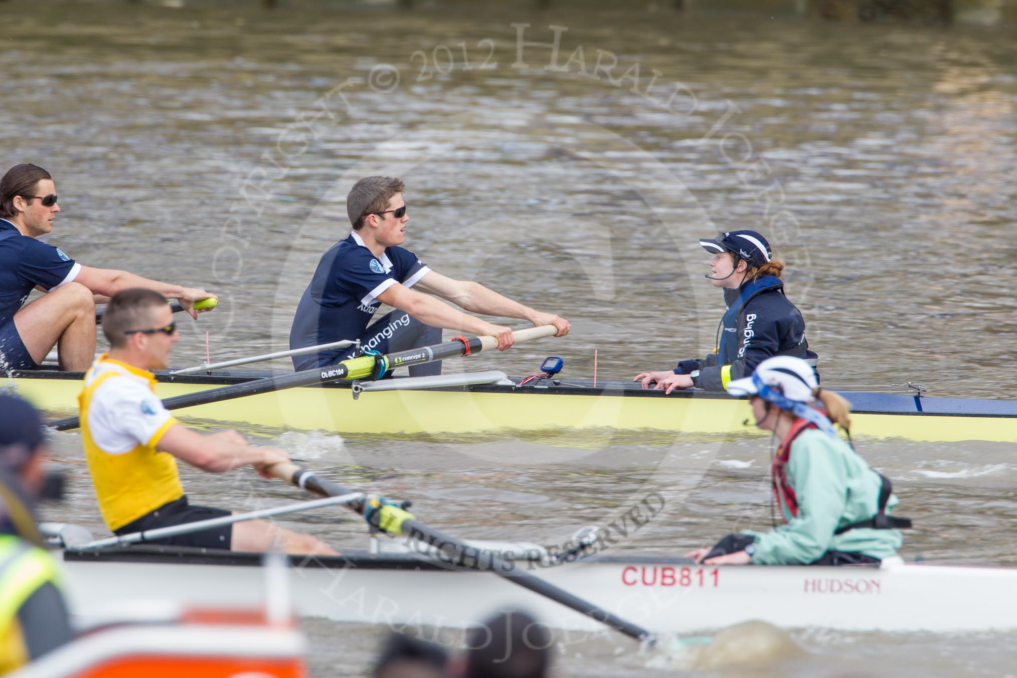 The Boat Race 2012: The Goldie/Isis Boat Race: Justin Webb, stroke Tom Watson, and cox Katherine Apfelbaum in the Oxford reserve boat, stroke Felix Wood and cox Sarah Smart in Goldie..




on 07 April 2012 at 13:46, image #169
