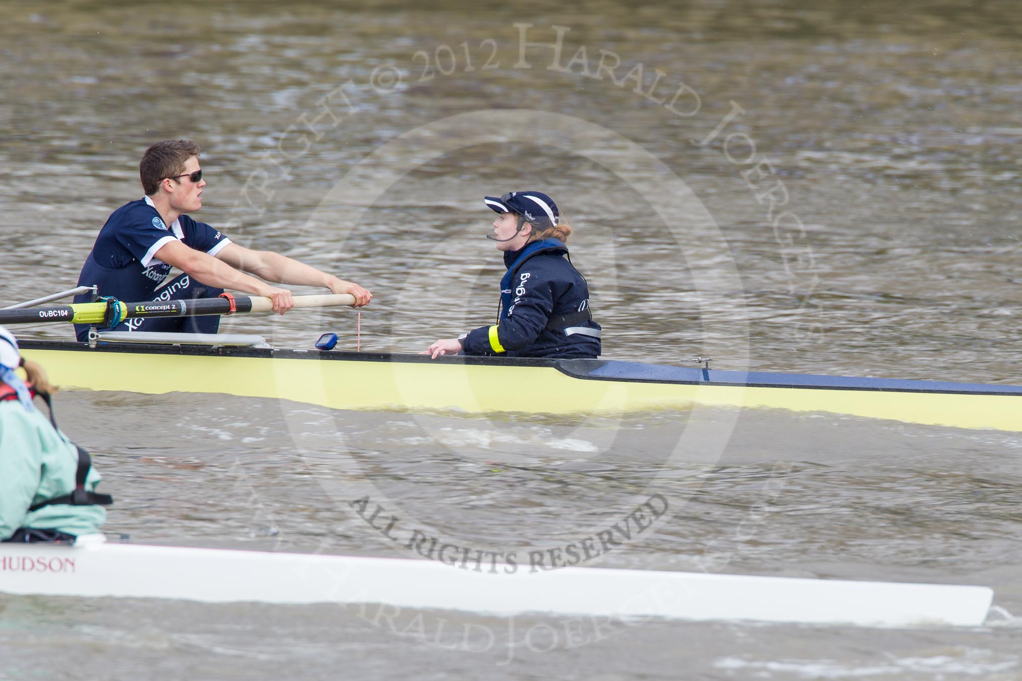 The Boat Race 2012: The Goldie/Isis Boat Race: Stroke Tom Watson, and cox Katherine Apfelbaum in the Oxford reserve boat, and cox Sarah Smart in Goldie..




on 07 April 2012 at 13:46, image #170