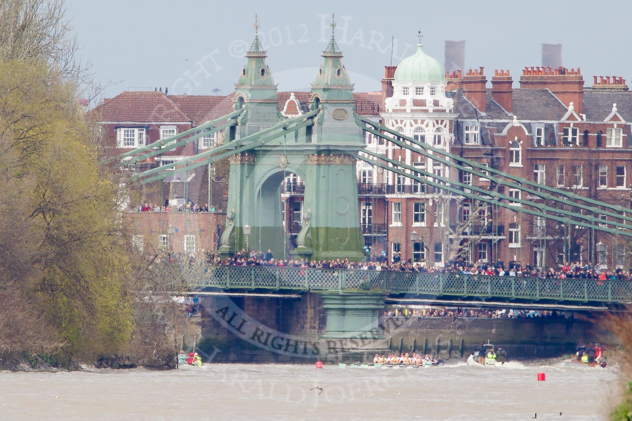 The Boat Race 2012: The Isis v Goldie Boat Race. The Oxford reserve boat Isis, in blue, in the lead, approaching Hammersmith Bridge, the Goldie crew in yellow..




on 07 April 2012 at 13:51, image #197