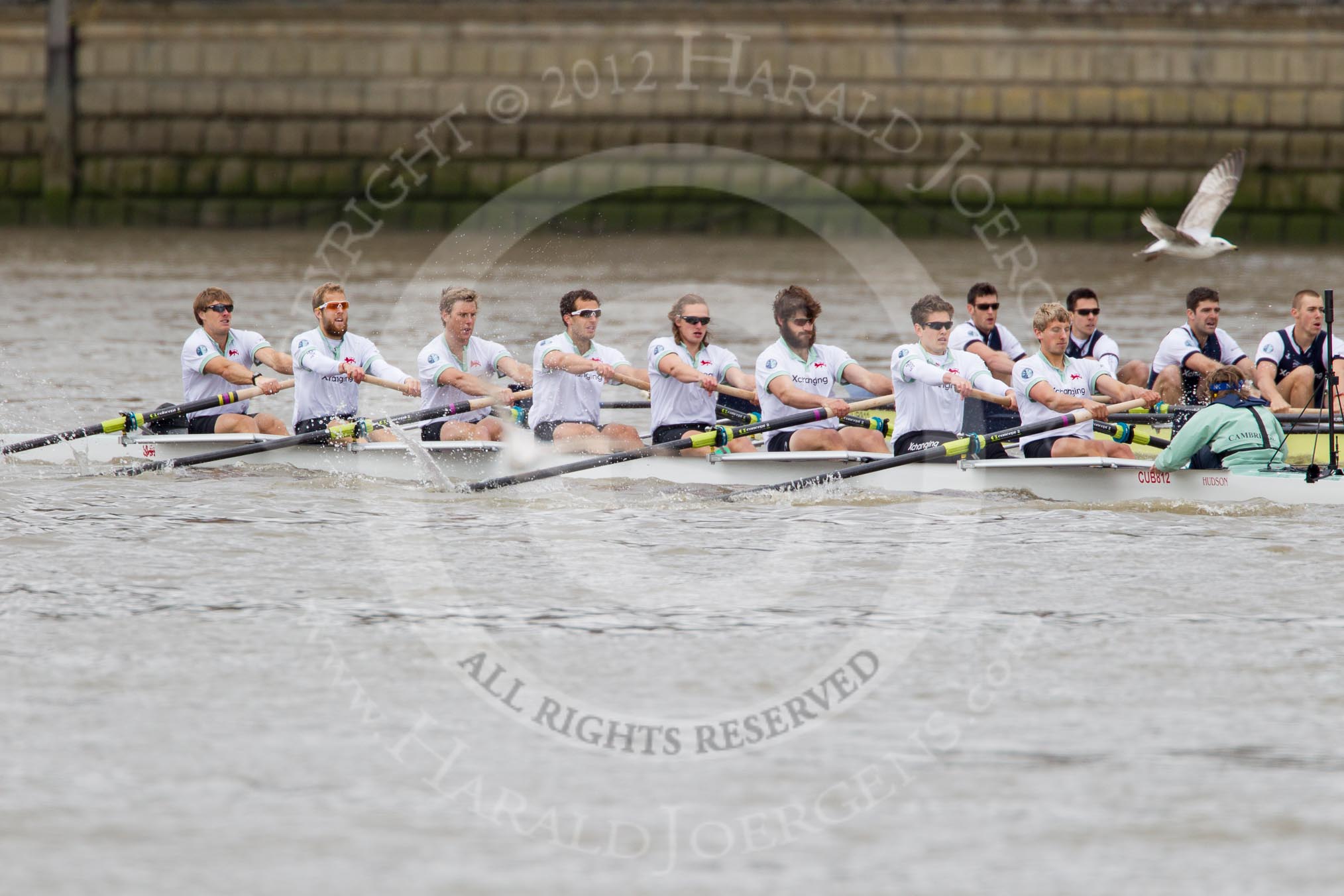 The Boat Race 2012: The 2012 Boat Race, shortly after the start: In the foreground the Cambridge Blue Boat, with David Nelson, Moritz Schramm, Jack Lindeman, Alex Ross, Mike Thorp, Steve Dudek, Alexander Scharp, Niles Garret, and cox Ed Bosson, in the Oxford boat Dr. Alexander Woods, William Zeng, Kevin Baum, and Alex Davidson..




on 07 April 2012 at 14:17, image #266