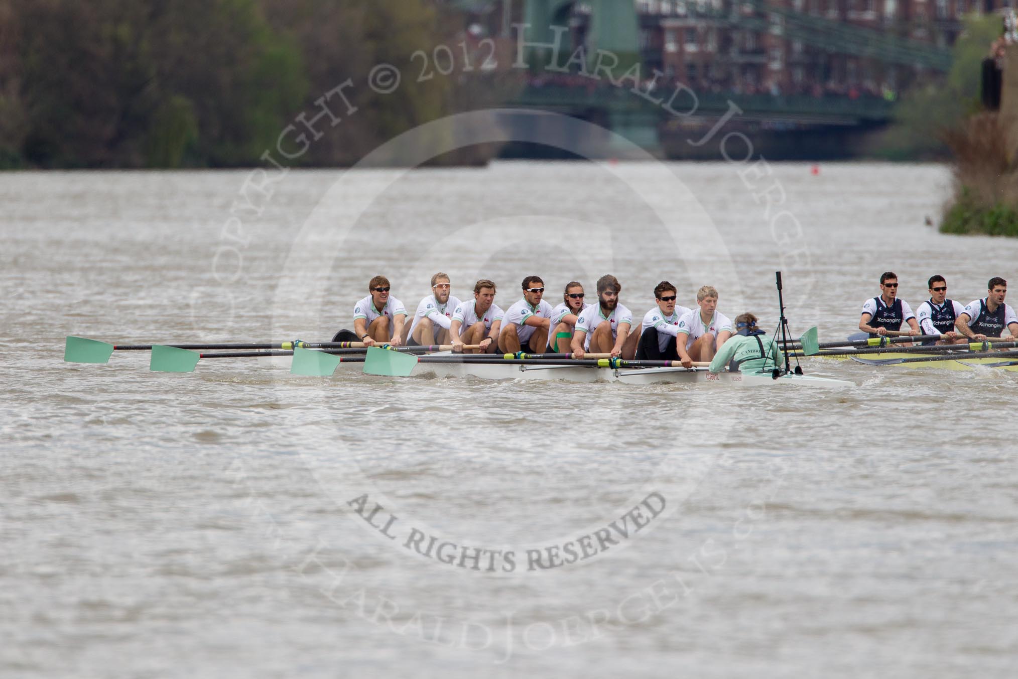The Boat Race 2012: The 2012 Boat Race, shortly after the start: In the foreground the Cambridge Blue Boat, with David Nelson, Moritz Schramm, Jack Lindeman, Alex Ross, Mike Thorp, Steve Dudek, Alexander Scharp, Niles Garret, and cox Ed Bosson, in the Oxford boat Dr. Alexander Woods, William Zeng, Kevin Baum, Alex Davidson, Karl Hudspith, Dr. Hanno Wienhausen, Dan Harvey, stroke Roel Haen, and cox Zoe de Toledo..




on 07 April 2012 at 14:17, image #270