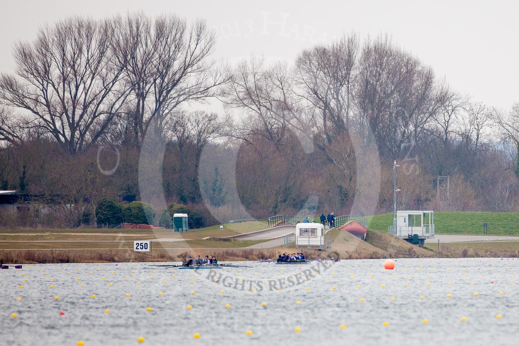 The Boat Race season 2013 - fixture OUWBC vs Molesey BC: Boats on Dorney Lake, with on of the bridges of the return channel in view..
Dorney Lake,
Dorney, Windsor,
Berkshire,
United Kingdom,
on 24 February 2013 at 11:37, image #55