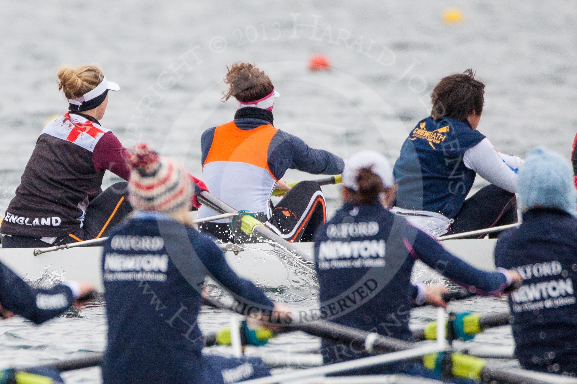 The Boat Race season 2013 - fixture OUWBC vs Molesey BC: OUWBC (front) v Molesey, in focus Molesey four, Catie Sharrod, five, Karen Bennet, and six, Amelda Gare..
Dorney Lake,
Dorney, Windsor,
Berkshire,
United Kingdom,
on 24 February 2013 at 11:45, image #65