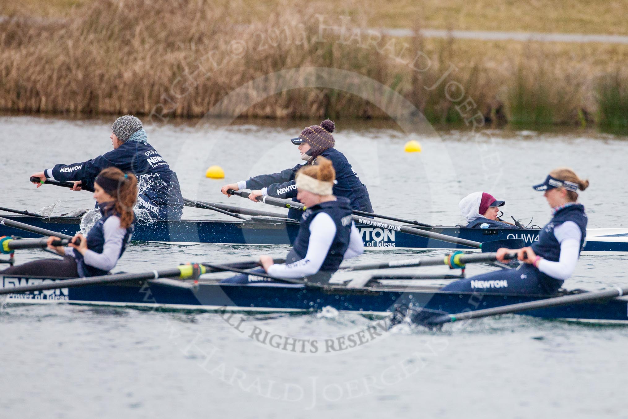 The Boat Race season 2013 - fixture OUWBC vs Molesey BC: Two OUWBC coxed fours racing each other, in the background Rachel Purkess, bow Elspeth Cumber with Olivia Cleary coxing, in the foreground stroke Coralie Viollet-Djelassi, Eleanor Darlington and Maria Mazza in the second OUWBC boat..
Dorney Lake,
Dorney, Windsor,
Berkshire,
United Kingdom,
on 24 February 2013 at 12:19, image #129