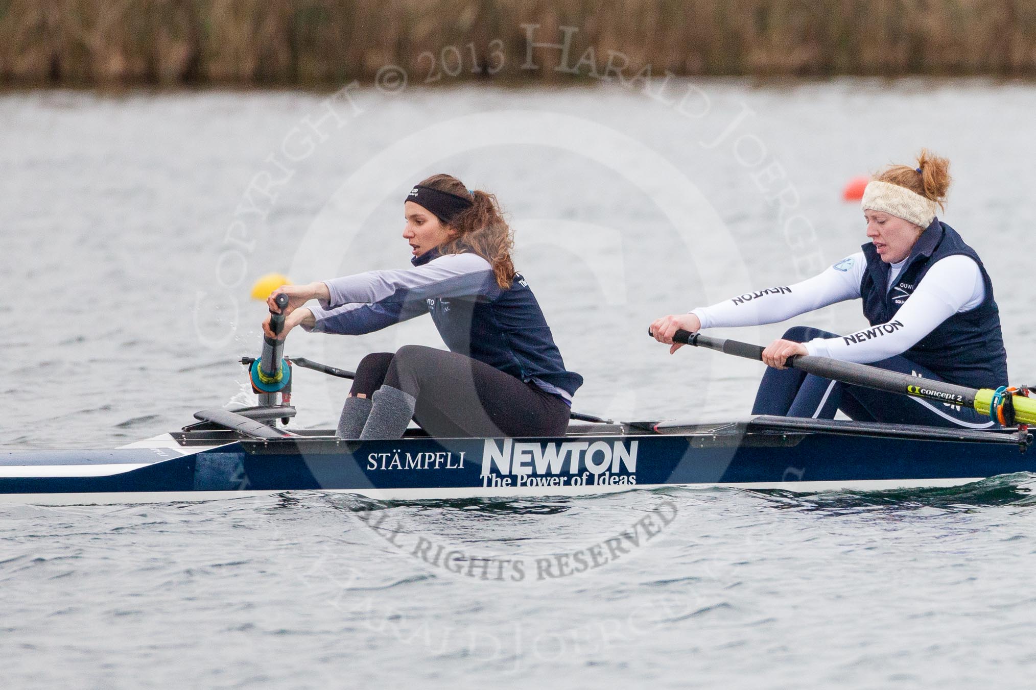 The Boat Race season 2013 - fixture OUWBC vs Molesey BC: OUWBC coxed four, here  stroke Coralie Viollet-Djelassi and Eleanor Darlington..
Dorney Lake,
Dorney, Windsor,
Berkshire,
United Kingdom,
on 24 February 2013 at 12:19, image #139