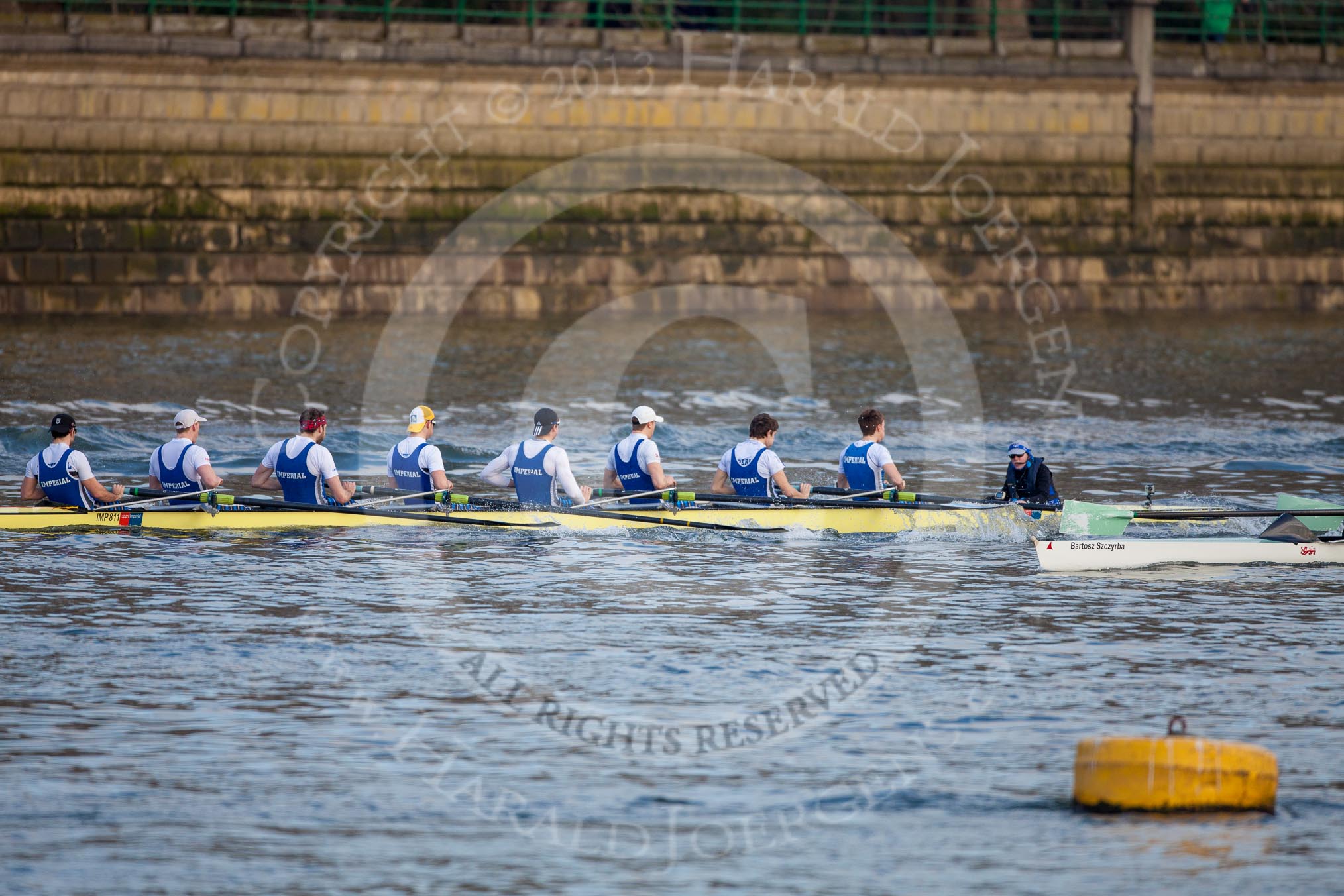 The Boat Race season 2013 - fixture CUBC vs Leander: Goldie vs Imperial BC shortly after the start of their fixture - Imperial in the lead, Cambridge on the right, just in the frame..
River Thames Tideway between Putney Bridge and Mortlake,
London SW15,

United Kingdom,
on 02 March 2013 at 15:23, image #30