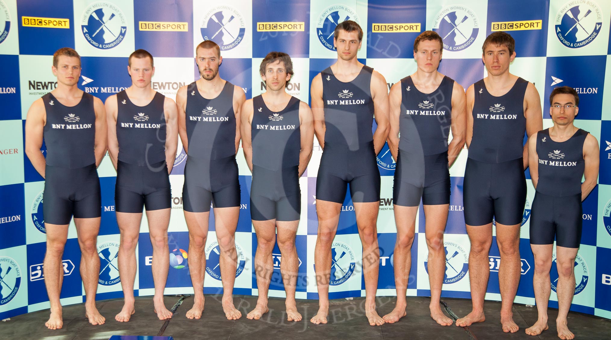 The Boat Race season 2013 - Crew Announcement and Weigh In: The 2013 Oxford Blue Boat crew, from left (bow) to right (cox), without 7 seat Constantine Louloudis: Patrick Close, Geordie Macleod, Alexander Davidson, Samuel O'Connor, Paul Bennet, Karl Hudspith, Malcolm Howard, and Oskar Zorilla..
BNY Mellon Centre,
London EC4V 4LA,

United Kingdom,
on 04 March 2013 at 10:45, image #88