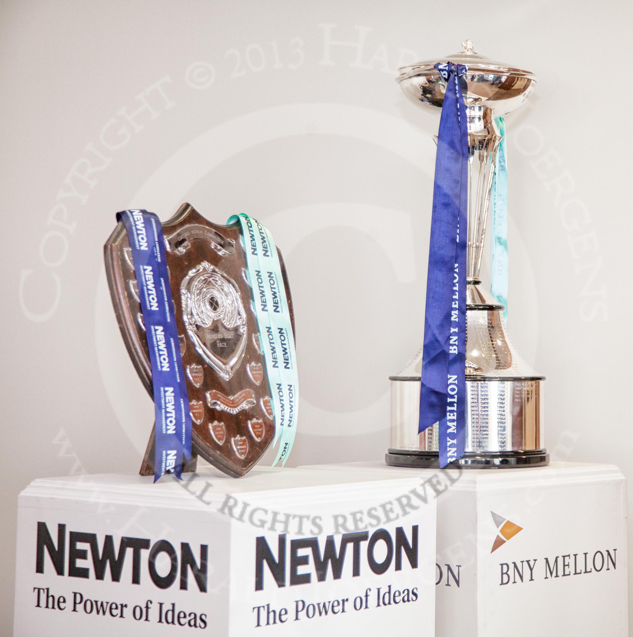 The Boat Race season 2013 - Crew Announcement and Weigh In: The trophies - on the left for the Newton Women's Boat Race, on the right for the men's BNY Mellon Boat Race..
BNY Mellon Centre,
London EC4V 4LA,

United Kingdom,
on 04 March 2013 at 11:18, image #117