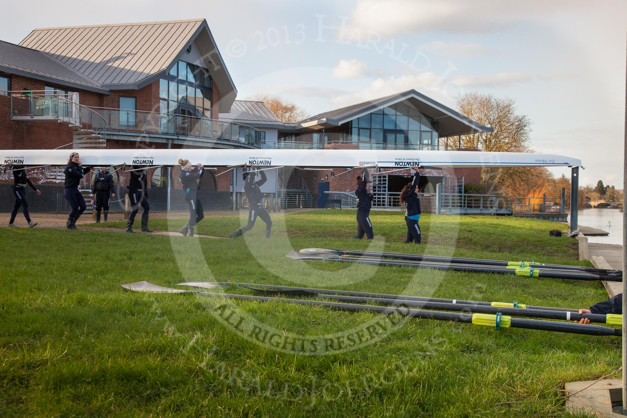 The Boat Race season 2013 - OUWBC training: The Oxford University Fleming Boathouse in Wallingford, OUWBC's Bloe Boat and reserve boat Osiris getting ready for a training session..
Fleming Boathouse,
Wallingford,
Oxfordshire,
United Kingdom,
on 13 March 2013 at 16:49, image #19