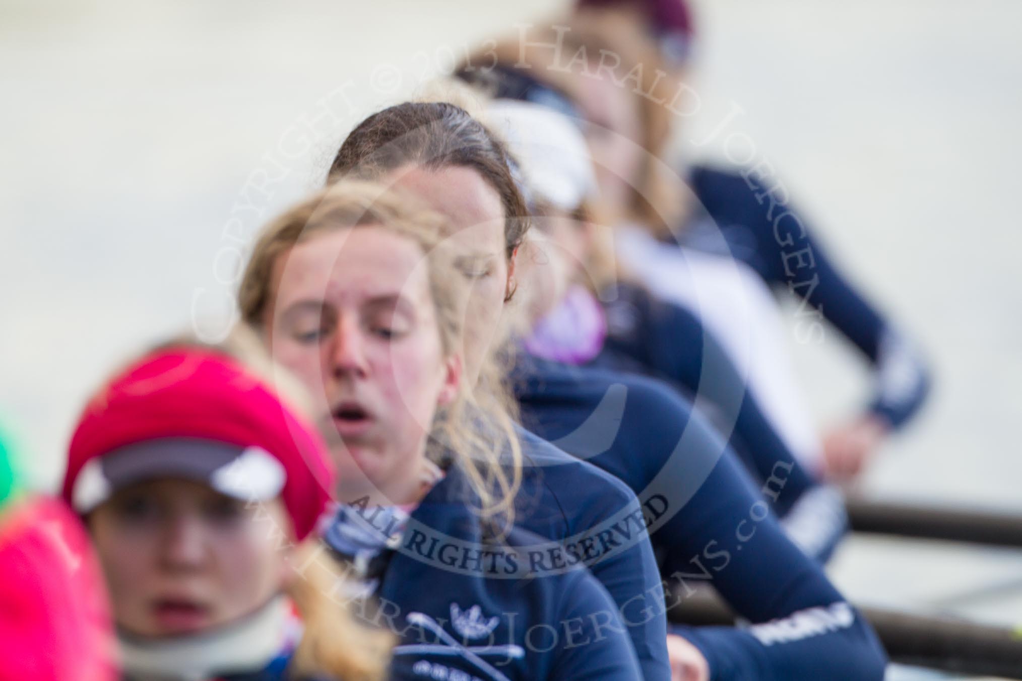 The Boat Race season 2013 - OUWBC training: The OUWBC Blue Boat crew - cox Katie Apfelbaum, stroke Maxie Scheske, Anastasia Chitty, in focus Harriet Keane, Amy Varney, Jo Lee, Mary Foord-Weston, Alice Carrington-Windo, and bow Mariann Novak..
River Thames,
Wallingford,
Oxfordshire,
United Kingdom,
on 13 March 2013 at 17:02, image #47